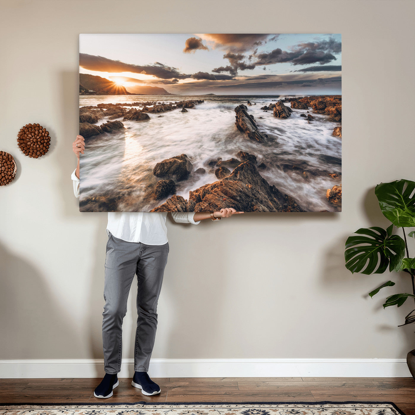 66746024-MGV-CV-36X24 - Rocky Coast Ocean Sunset Wall Art Canvas Print, Dramatic Seascape Nature Wall Decor for Living Room and Office