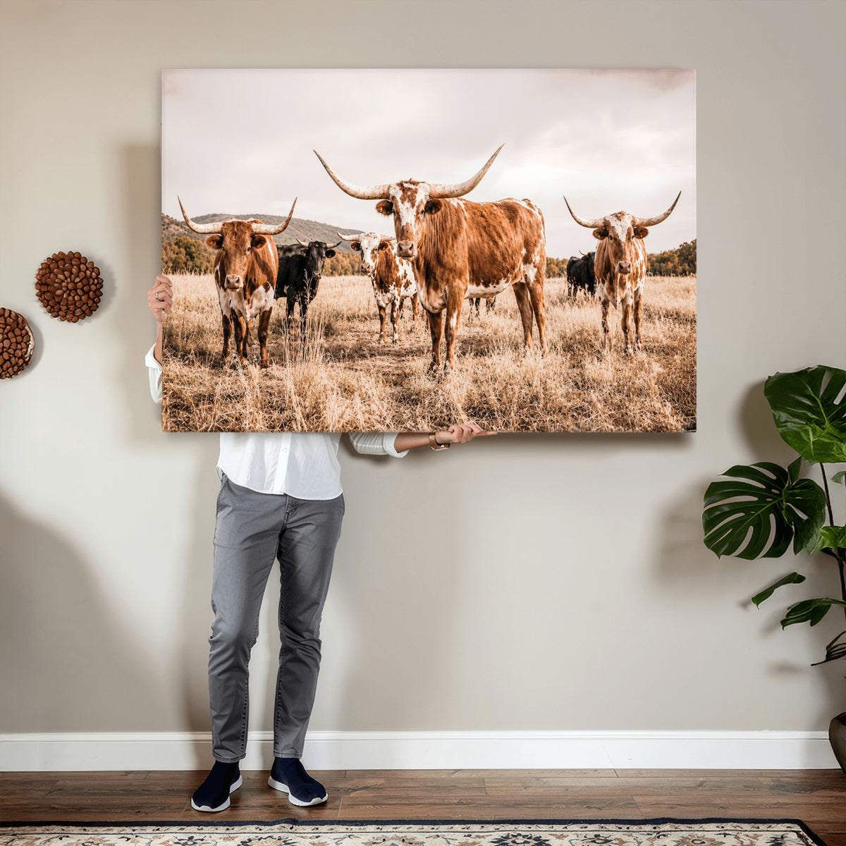 27539727-MGV-CV-36X24 - Texas Longhorn Cattle Wall Art Canvas Print, Sepia Western Decor