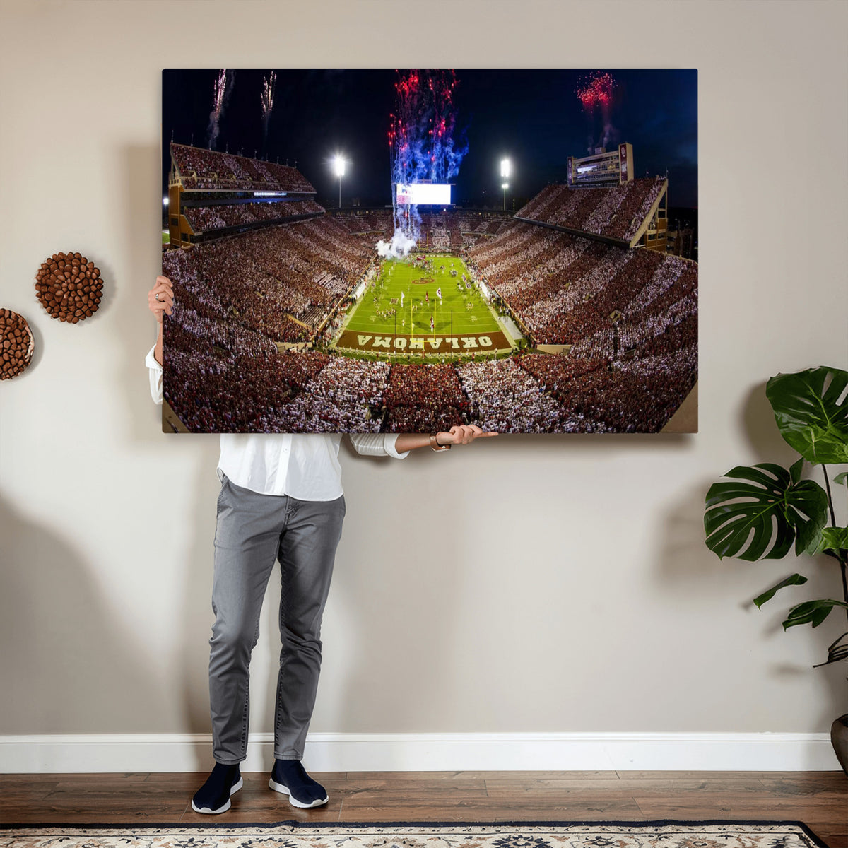 43197777-MGV-CV-36X24 - Oklahoma Memorial Stadium Wall Art Canvas Print – Oklahoma Sooners Football Artwork for Home, Office, and Sports Room Decor