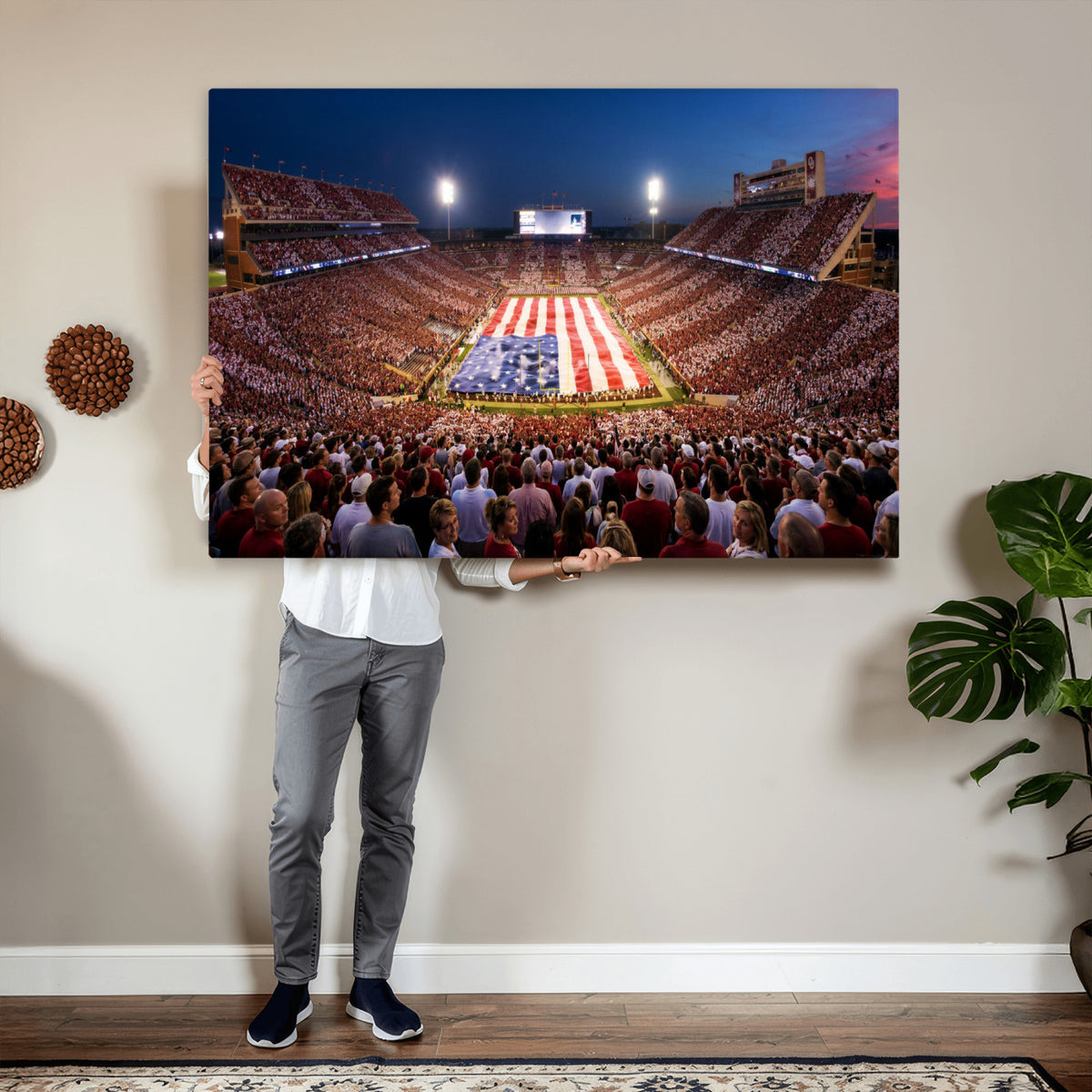 59917418-MGV-CV-36X24 - Oklahoma Memorial Stadium Wall Art Canvas Print – Oklahoma Sooners Football Artwork for Home, Office, and Sports Room Decor