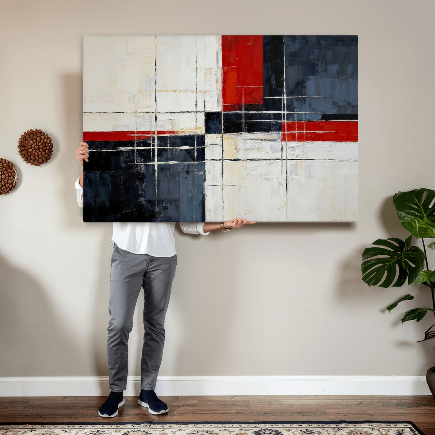 44088165-MGV-CV-36X24 - Navy Red Abstract Wall Art Canvas Print, Modern Luxury Geometric Painting Wall Decor for Living Room and Office