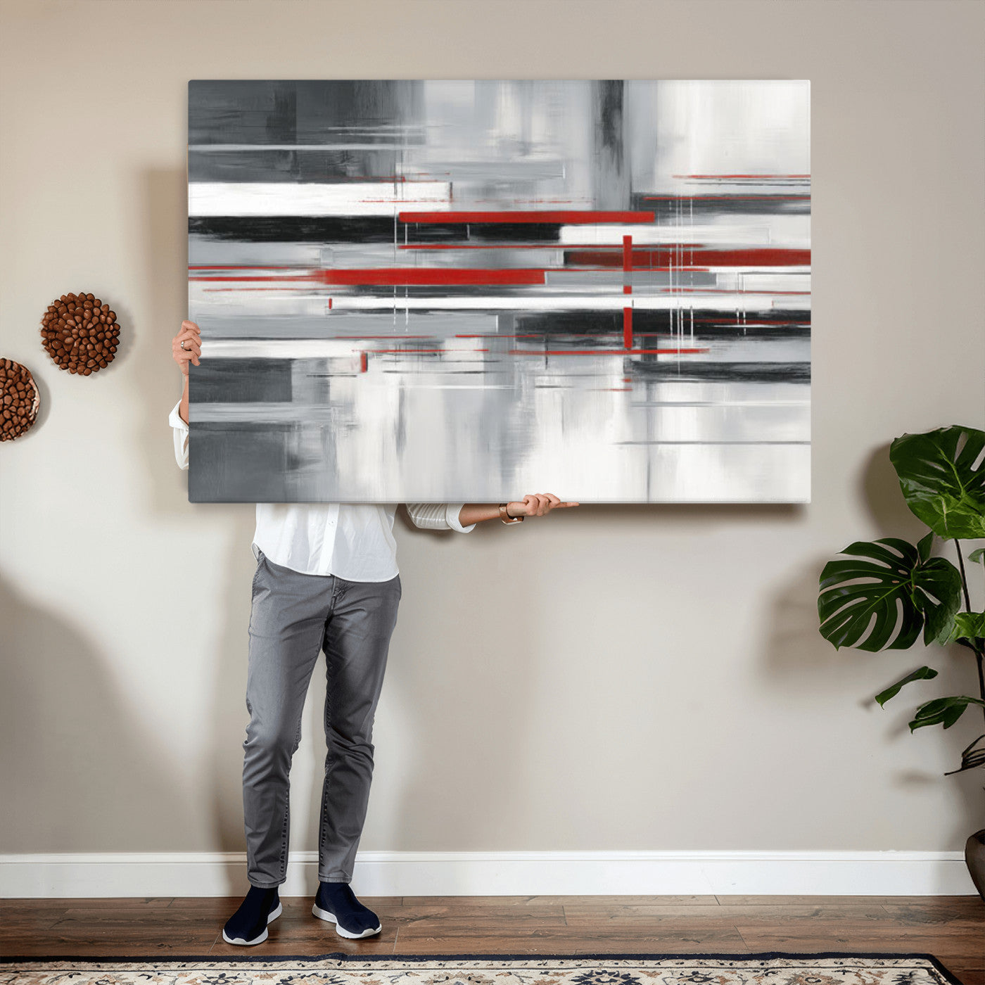 62640681-MGV-CV-36X24 - Gray Red Abstract Wall Art Canvas Print, Modern Abstract Canvas Wall Decor for Contemporary Living Room and Office