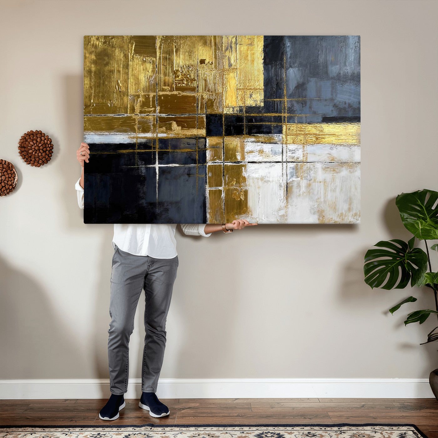 76917030-MGV-CV-36X24 - Gold Navy Abstract Wall Art Canvas Print, Modern Luxury Geometric Painting Wall Decor for Living Room and Office