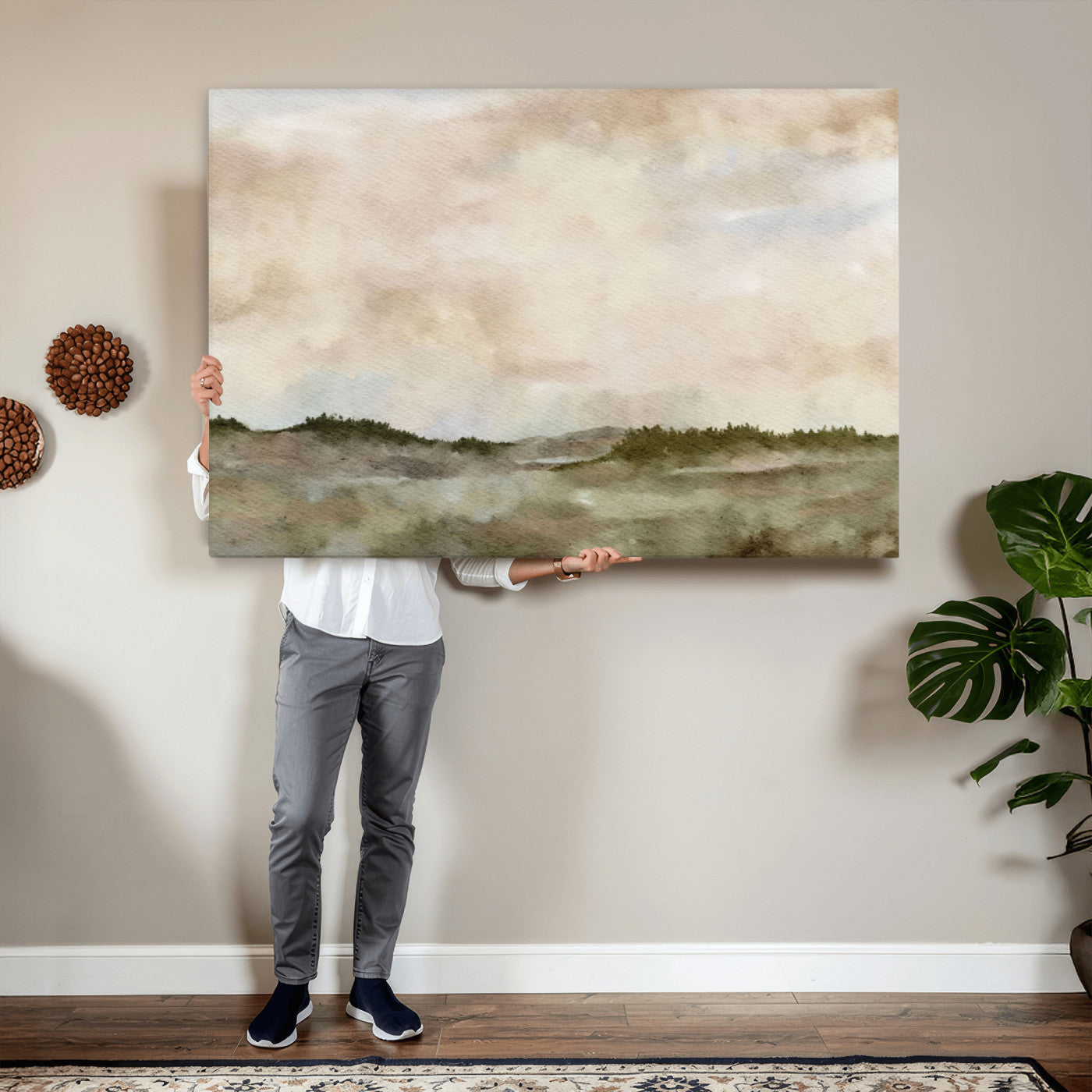 13578069-MGV-CV-36X24 - Abstract Landscape Wall Art Canvas Print, Watercolor Pastoral Landscape Painting Wall Decor for Modern Farmhouse Interiors
