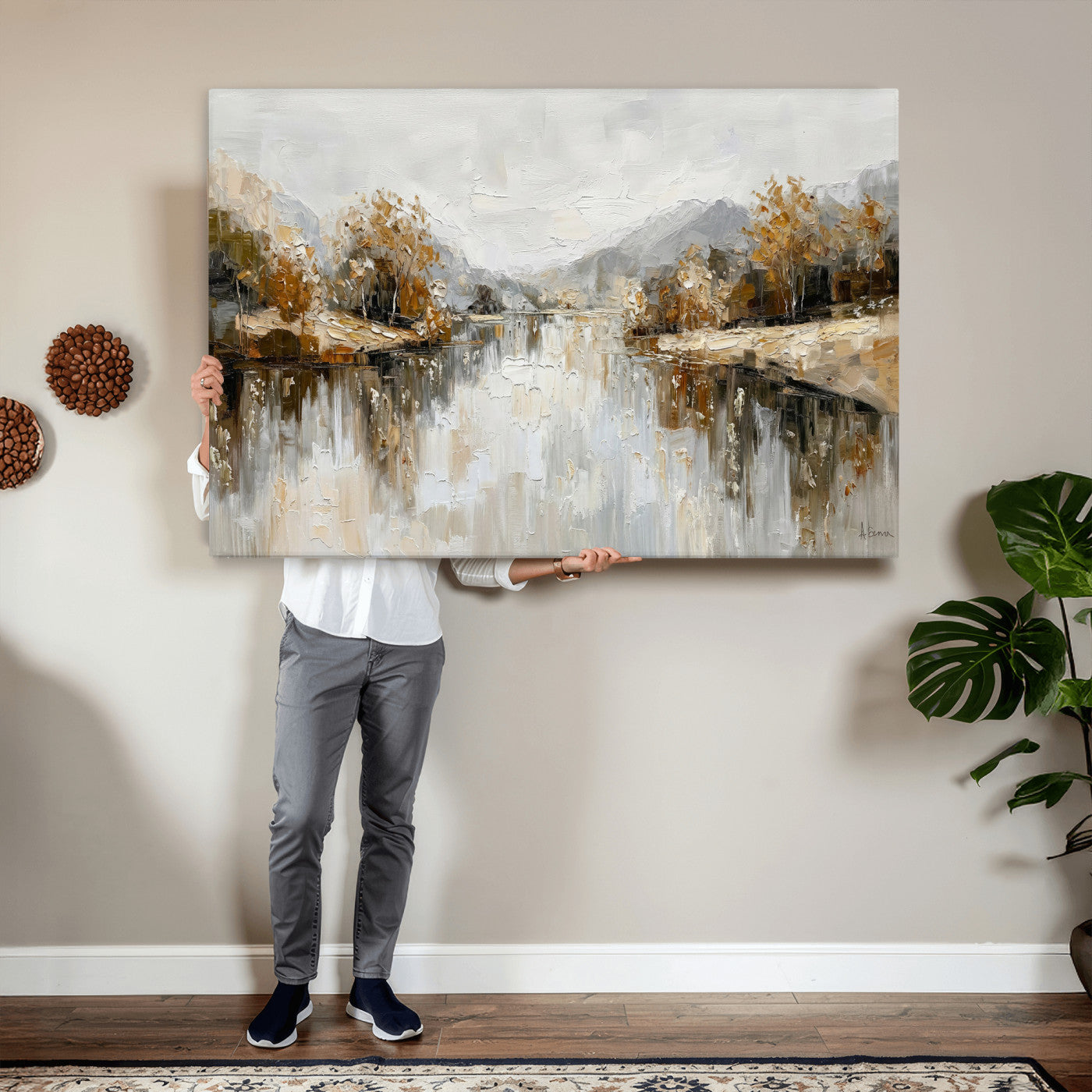 78227690-MGV-CV-36X24 - Neutral Abstract Lake Landscape Wall Art Canvas Print, Modern Minimal River Reflection Canvas Print, Beige Gray Contemporary Nature Art Printing