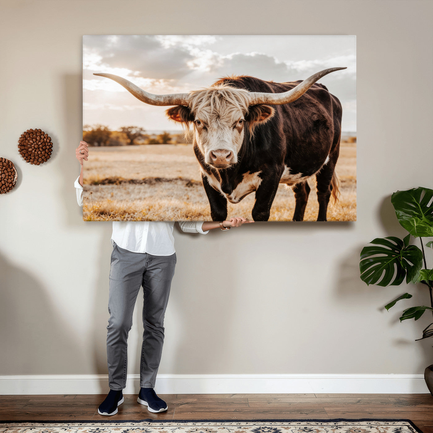 88230279-MGV-CV-36X24 - Texas Longhorn Bull Rustic Wall Art Canvas Print, Western Cattle Photography Canvas Print, Ranch Farm Animal Western Art Printing