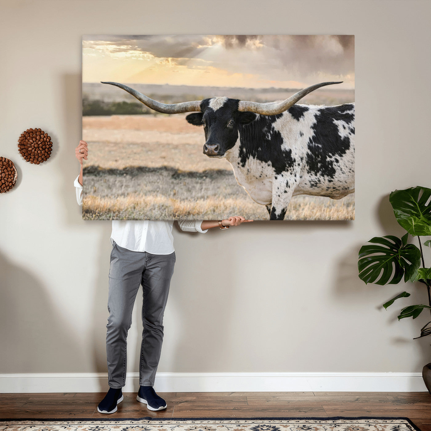 49350433-MGV-CV-36X24 - Texas Longhorn Bull Rustic Wall Art Canvas Print, Western Cattle Photography Canvas Print, Ranch Farm Animal Western Art Printing