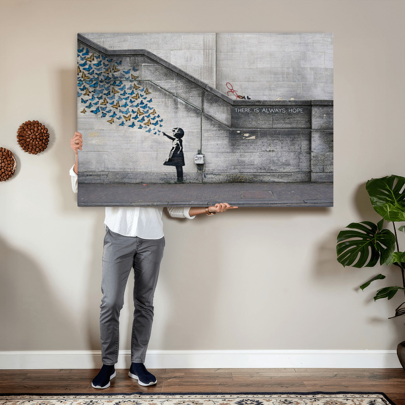 15274223-MGV-CV-36X24 - Banksy Girl with Butterflies Street Art Wall Art Canvas Print, Hope Graffiti Urban Art Canvas Print, Minimalist Inspirational Street Art Contemporary Art Printing
