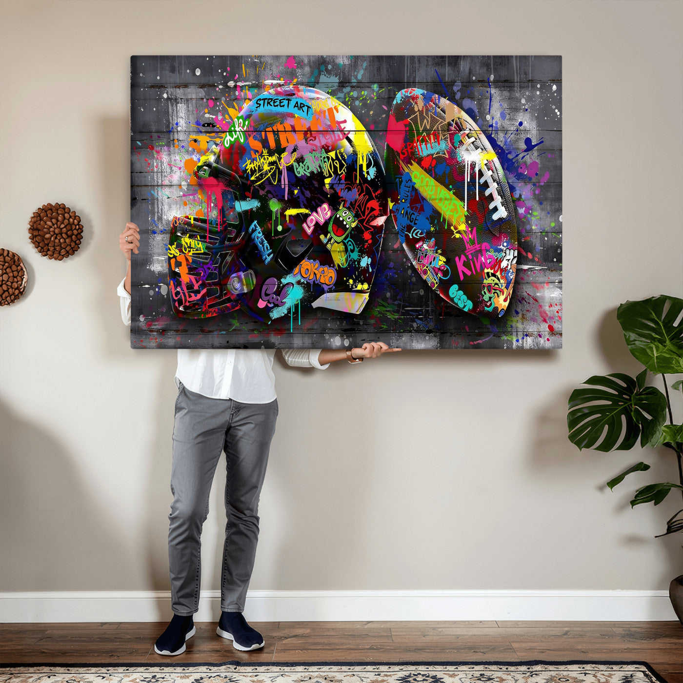 80540773-MGV-CV-36X24 - Graffiti American Football Helmet Street Art Wall Art Canvas Print, Urban Sports Pop Art Football Canvas Print, Colorful Graffiti Sports Contemporary Art Printing