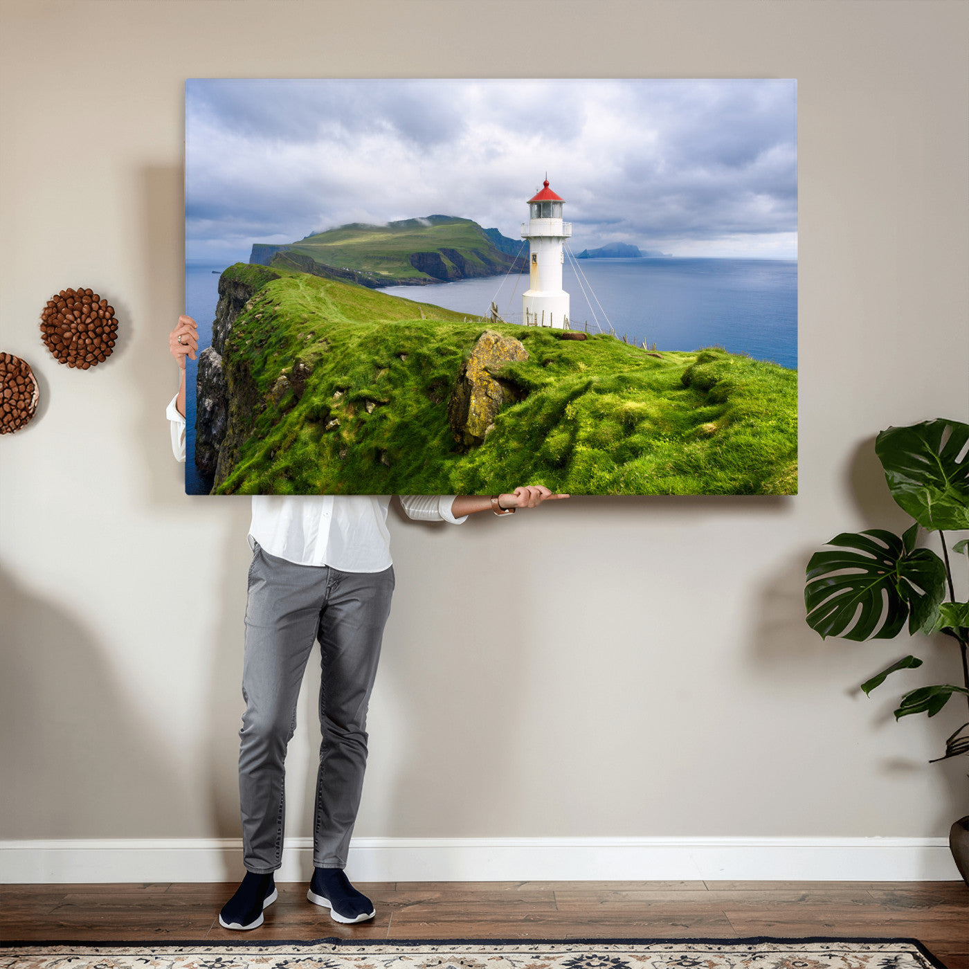10680390-MGV-CV-36X24 - Coastal Lighthouse Wall Art Canvas Print, Cliffside Ocean Landscape Canvas Print, Scandinavian Coastal Decor for Living Room