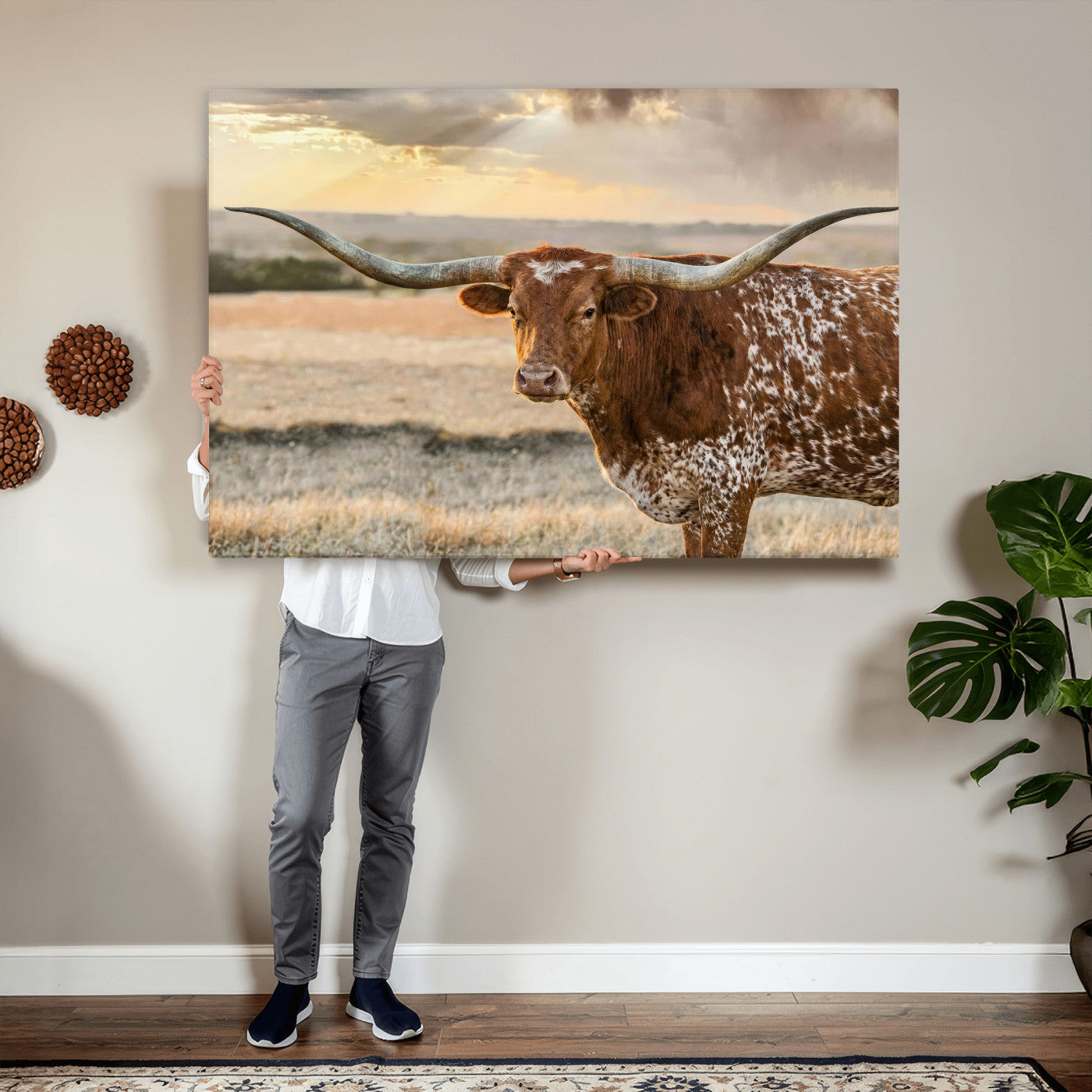 16502384-MGV-CV-36X24 - Texas Longhorn Wall Art Canvas Print, Western Ranch Bull Photography Canvas Print, Rustic Farmhouse Cattle Artwork for Living Room Decor