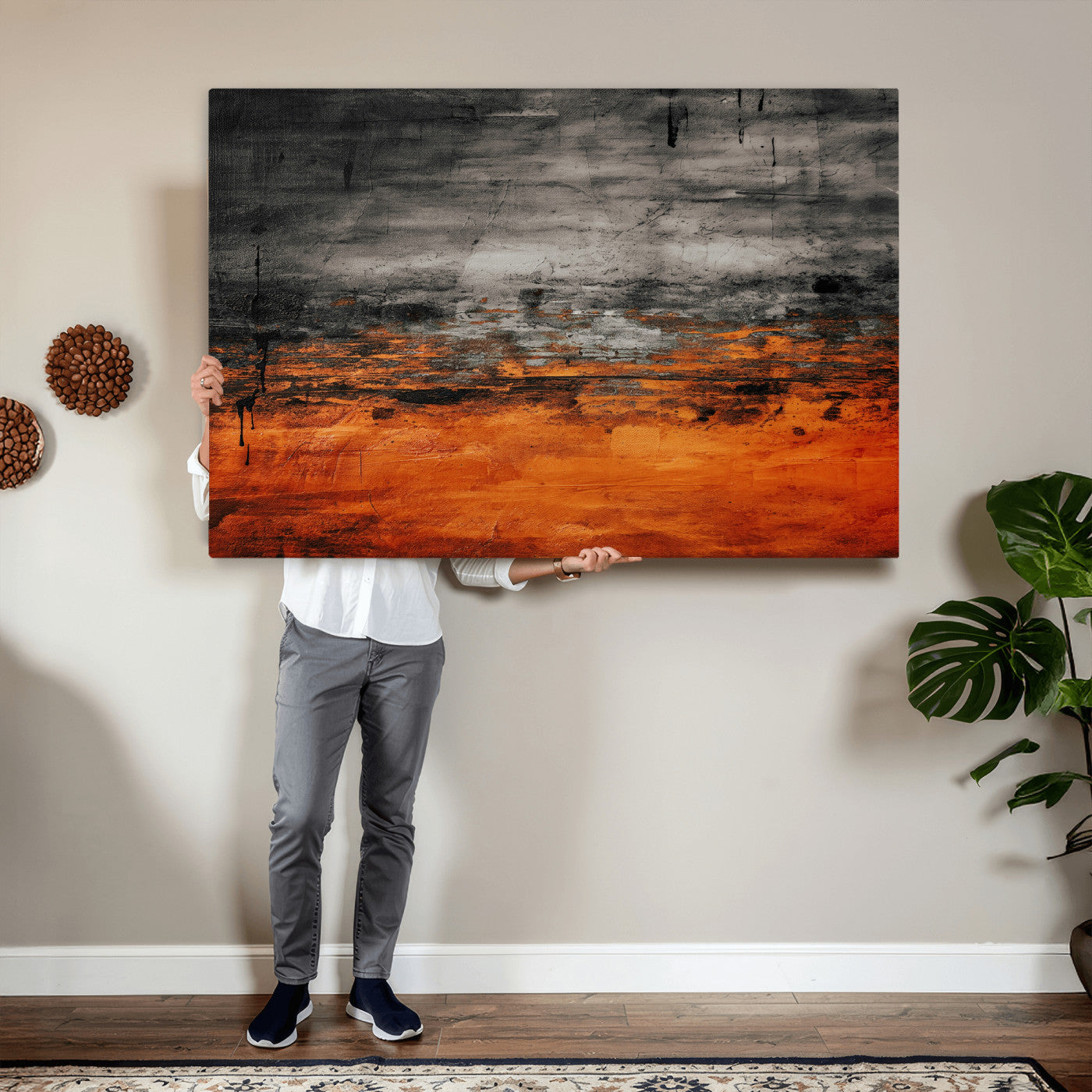 75409282-MGV-CV-36X24 - Black Orange Abstract Wall Art Canvas Print Modern Textured Painting Decor