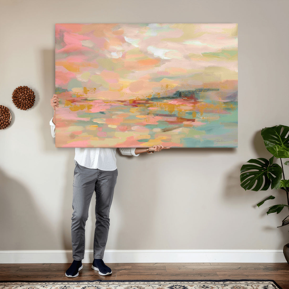 Abstract Pastel Landscape Wall Art Canvas Print | Soft Pink Teal Modern Art