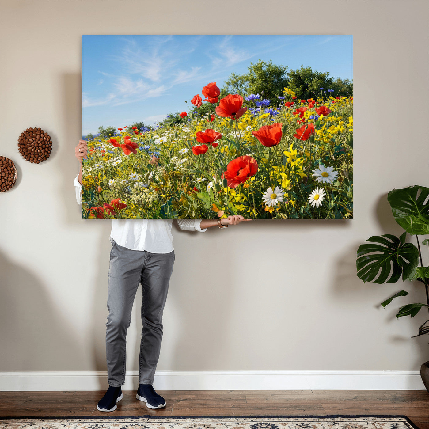 38570784-MGV-CV-36X24 - Wildflower Meadow Wall Art Canvas Print – Colorful Poppy and Daisy Field Landscape Artwork for Living Room Decor