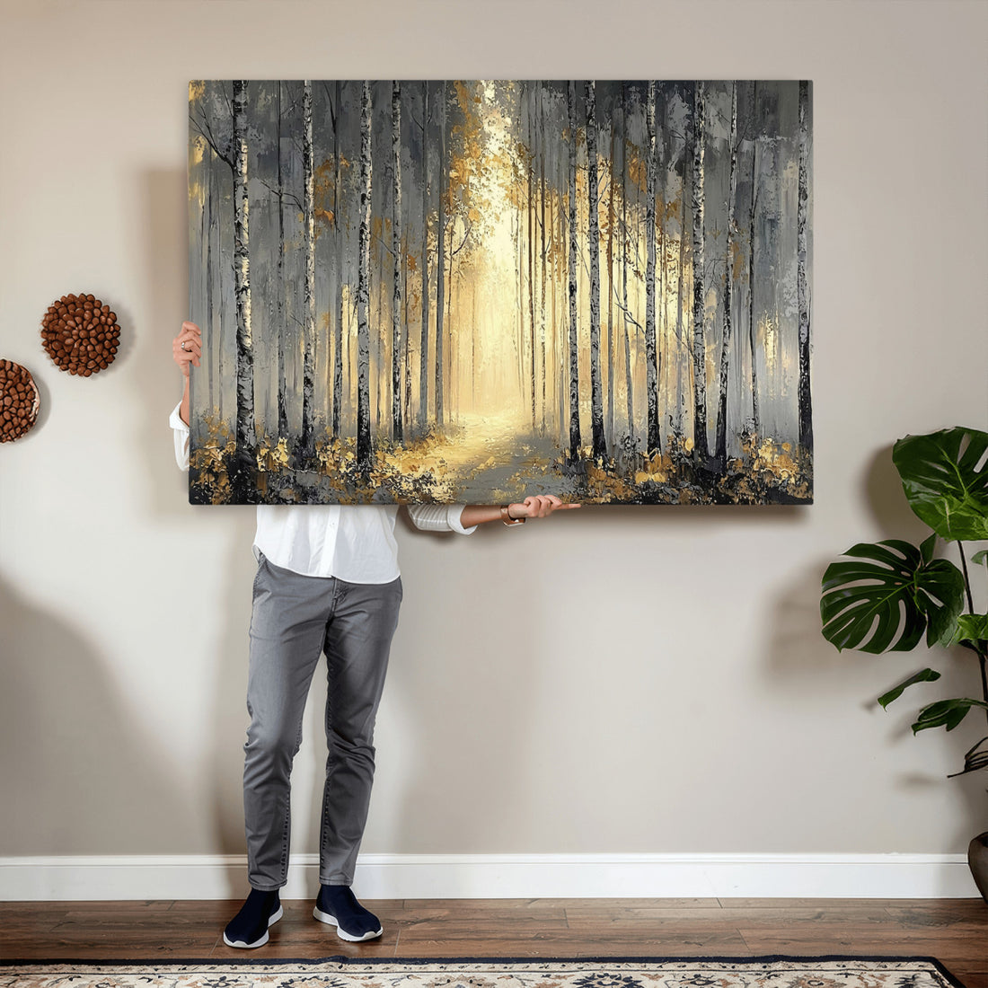 Abstract Birch Forest Wall Art Canvas Print | Modern Gold Gray Woodland Landscape