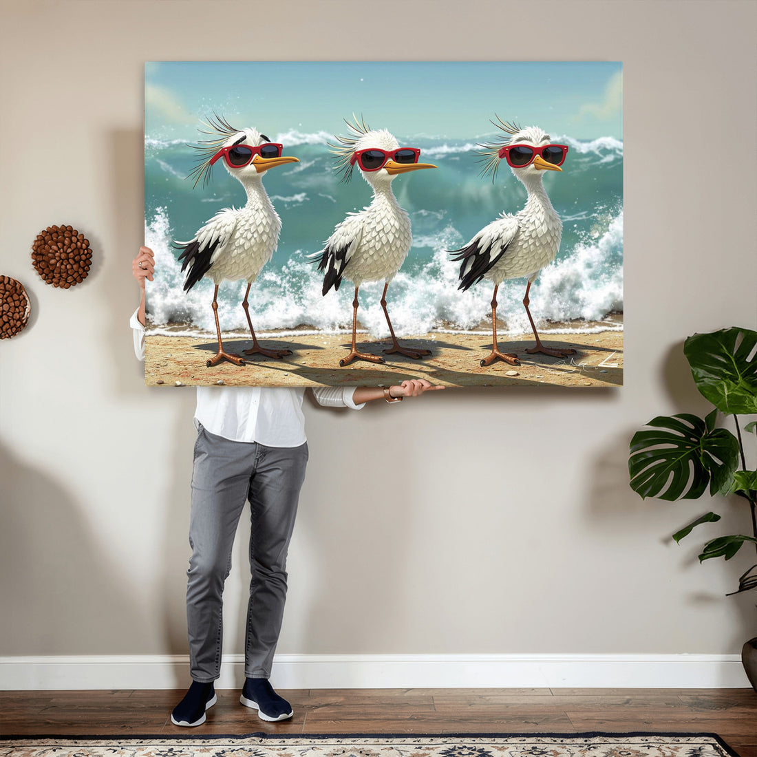 Funny Seagull Wall Art Canvas Print, Beach Birds With Sunglasses