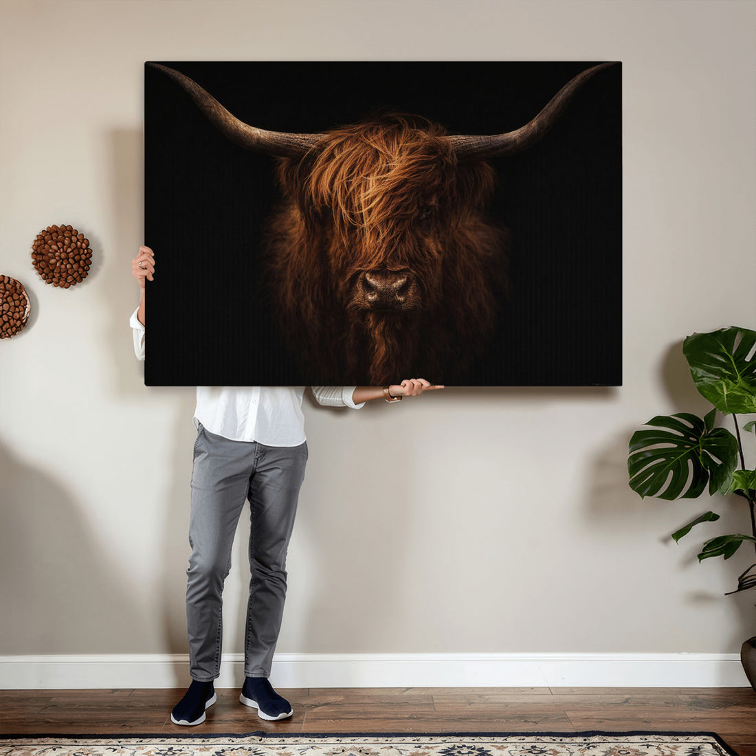 Highland Cow Wall Art Canvas Print | Moody Dark Rustic Farmhouse Portrait