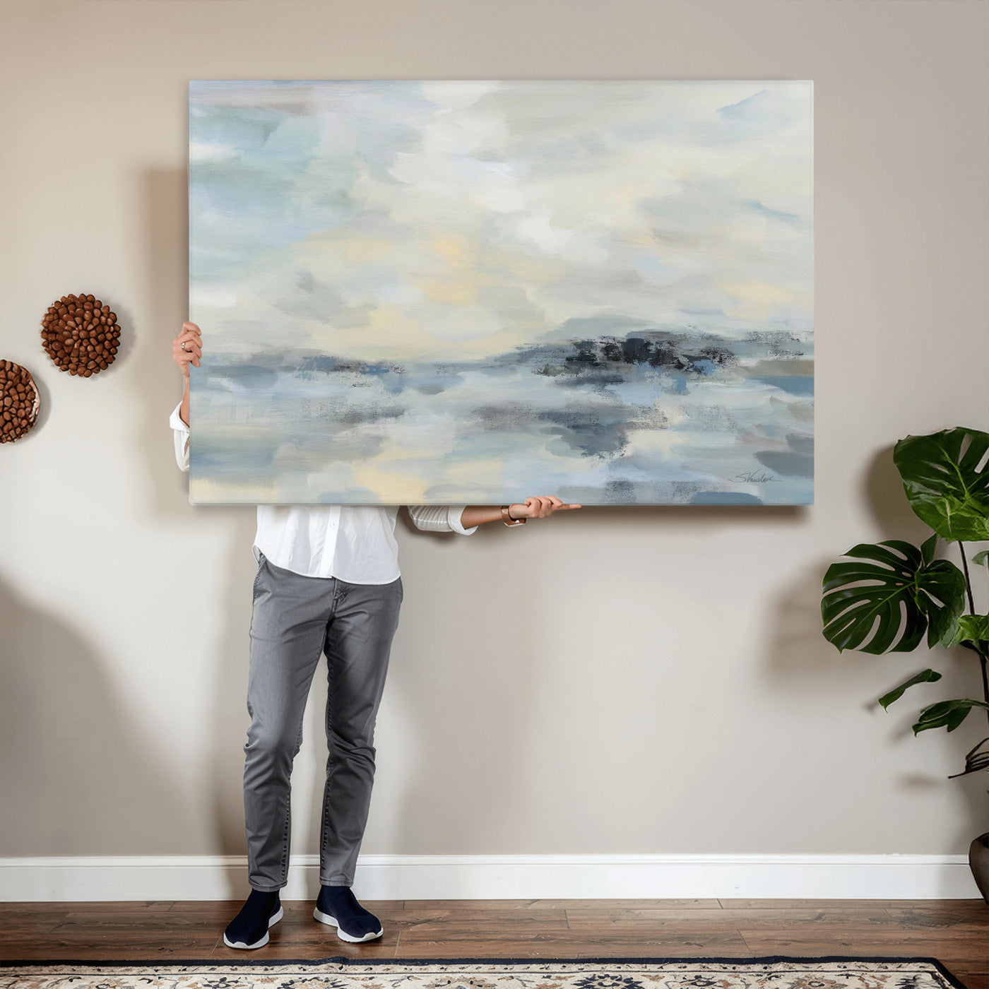 24647355-MGV-CV-36X24 - Abstract Coastal Landscape Wall Art Canvas Print – Soft Blue Gray Minimalist Painting