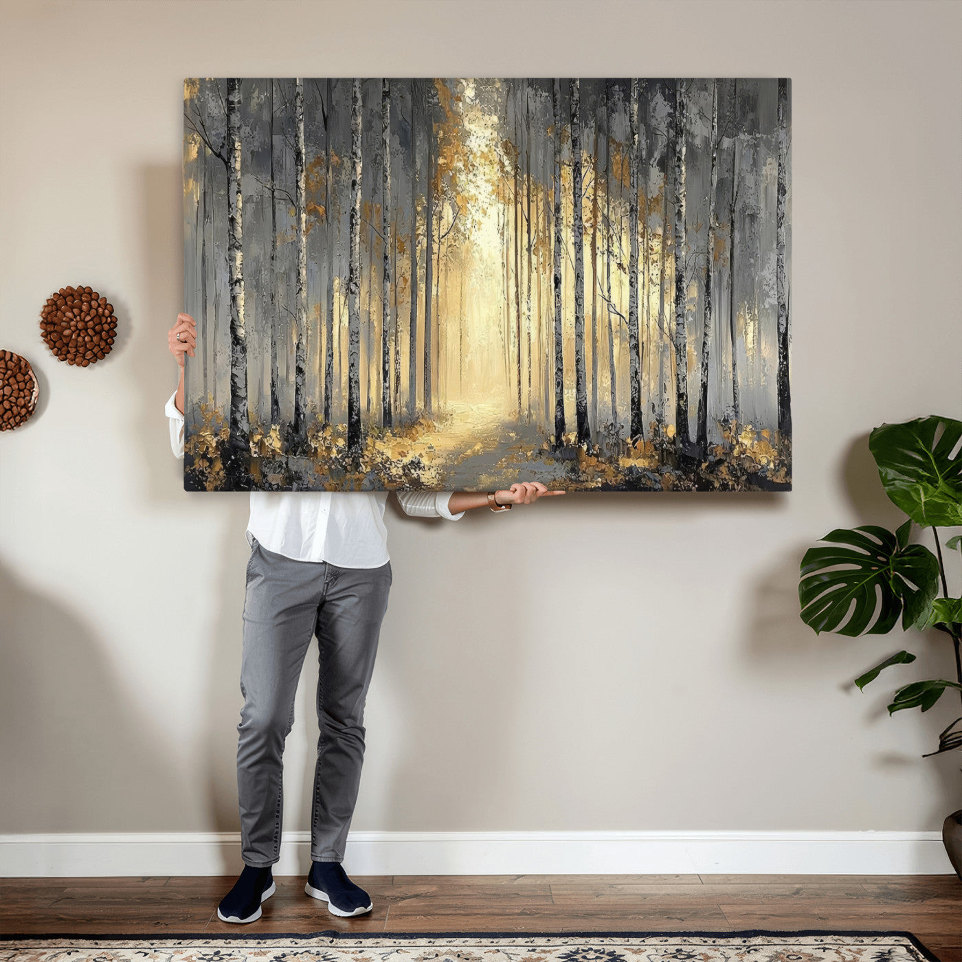 41017042-MGV-CV-36X24 - Abstract Birch Forest Wall Art Canvas Print – Modern Neutral Woodland Landscape Artwork for Living Room Decor