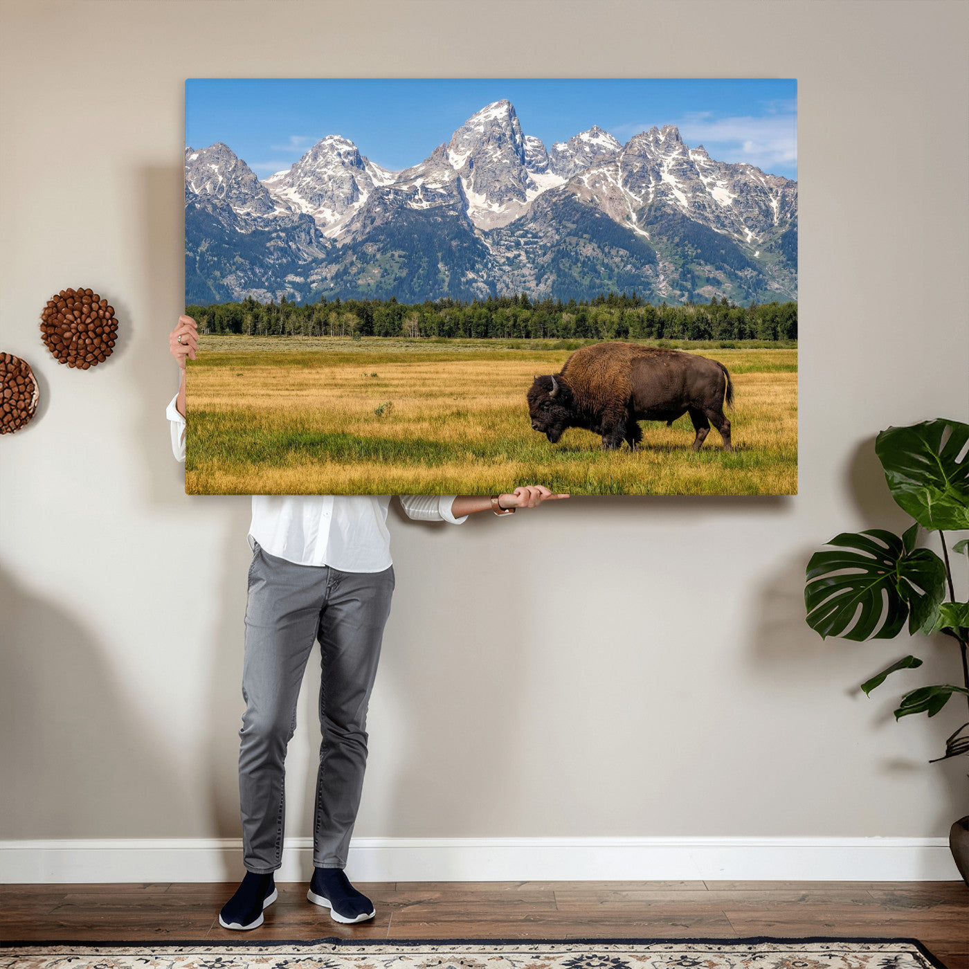 20424529-MGV-CV-36X24 - Bison in Mountain Landscape Wall Art Canvas Print – Western Wildlife Artwork for Rustic Living Room Decor