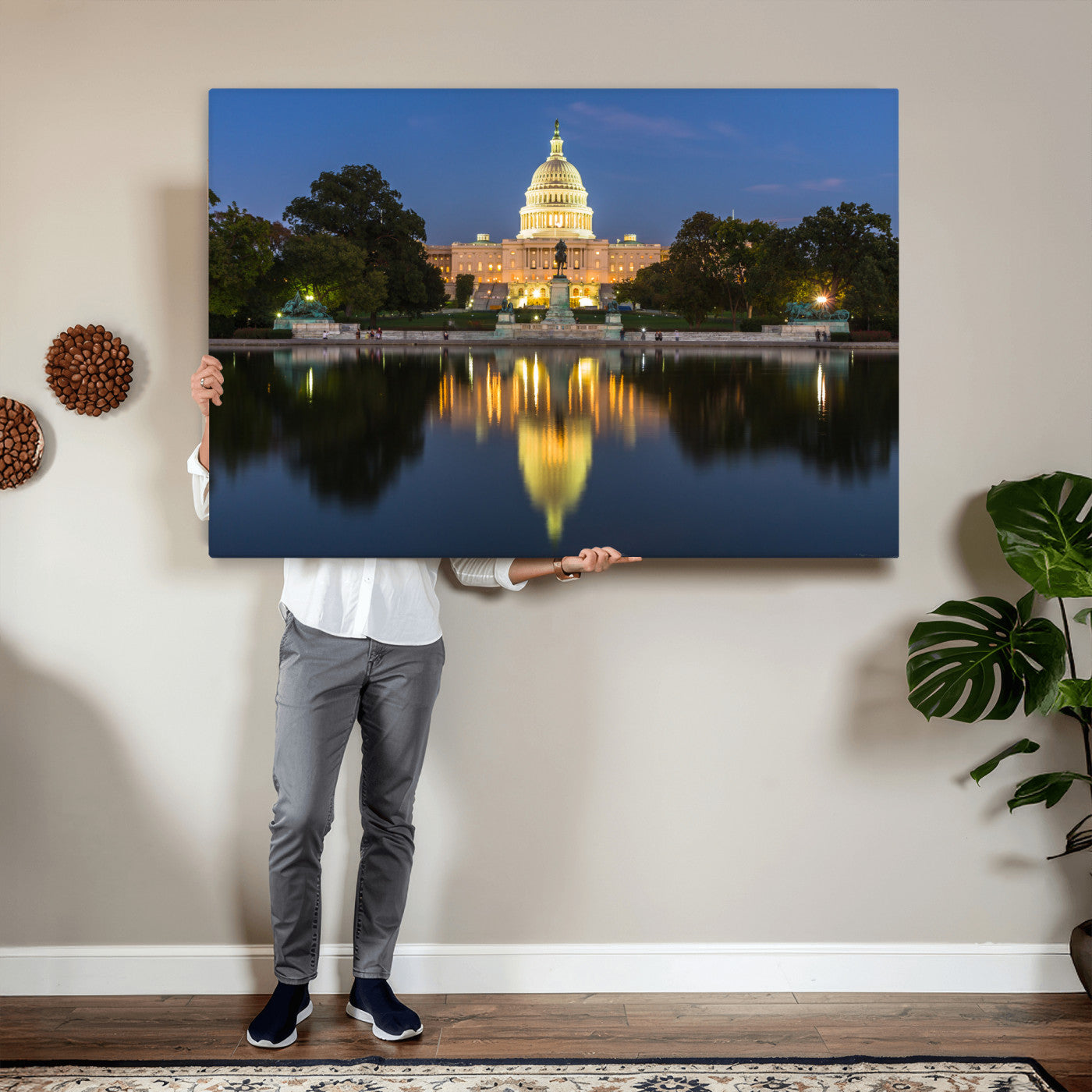 95568590-MGV-CV-36X24 - US Capitol Building Wall Art Canvas Print – Washington DC Landmark Night Reflection Artwork for Office Decor