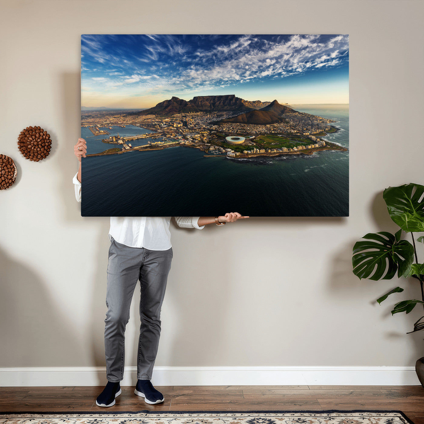 14654591-MGV-CV-36X24 - Cape Town Skyline Wall Art Canvas Print – Table Mountain Coastal Cityscape Artwork for Modern Office Decor