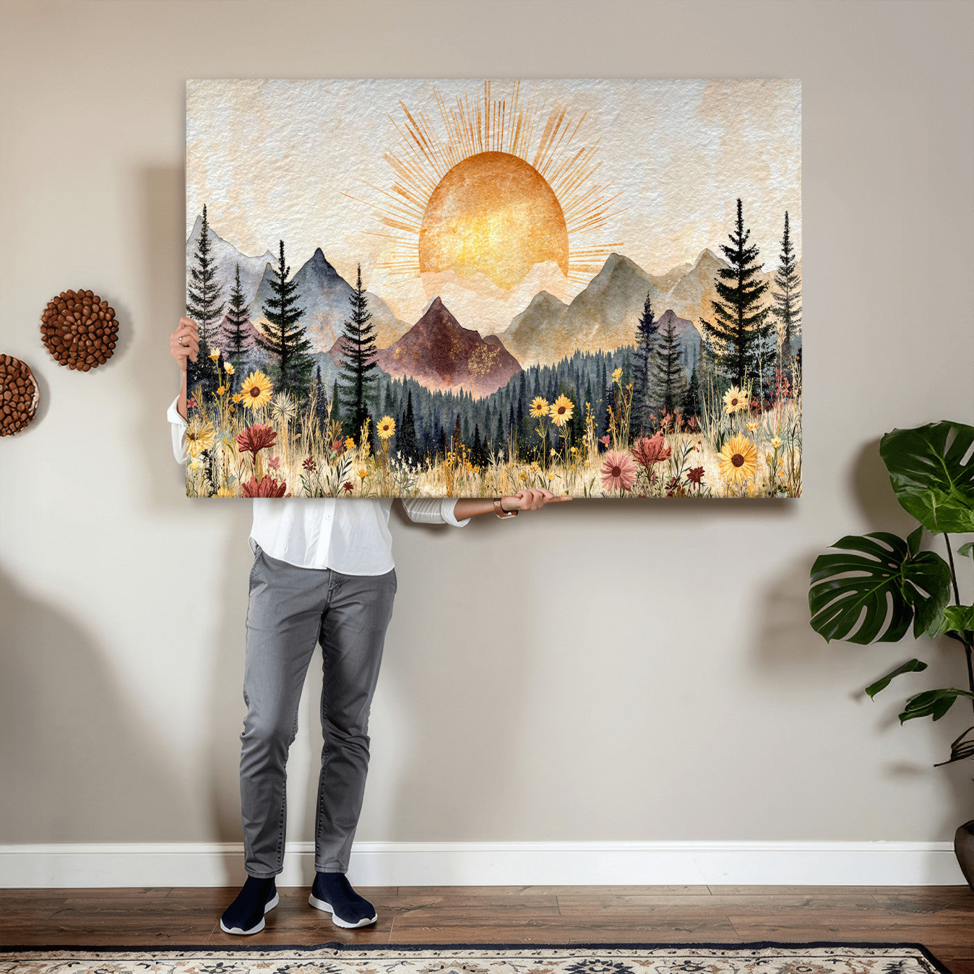 69025244-MGV-CV-36X24 - Boho Mountain Landscape Large Wall Art, Horizontal Gold Framed Canvas Print with Sun and Flowers