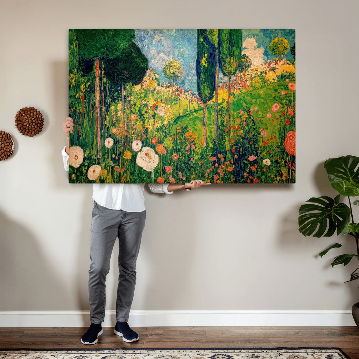 83517974-MGV-CV-36X24 - Gustav Klimt Boho Mountain Landscape Large Wall Art, Horizontal Gold Framed Canvas Print with Sun and Flowers