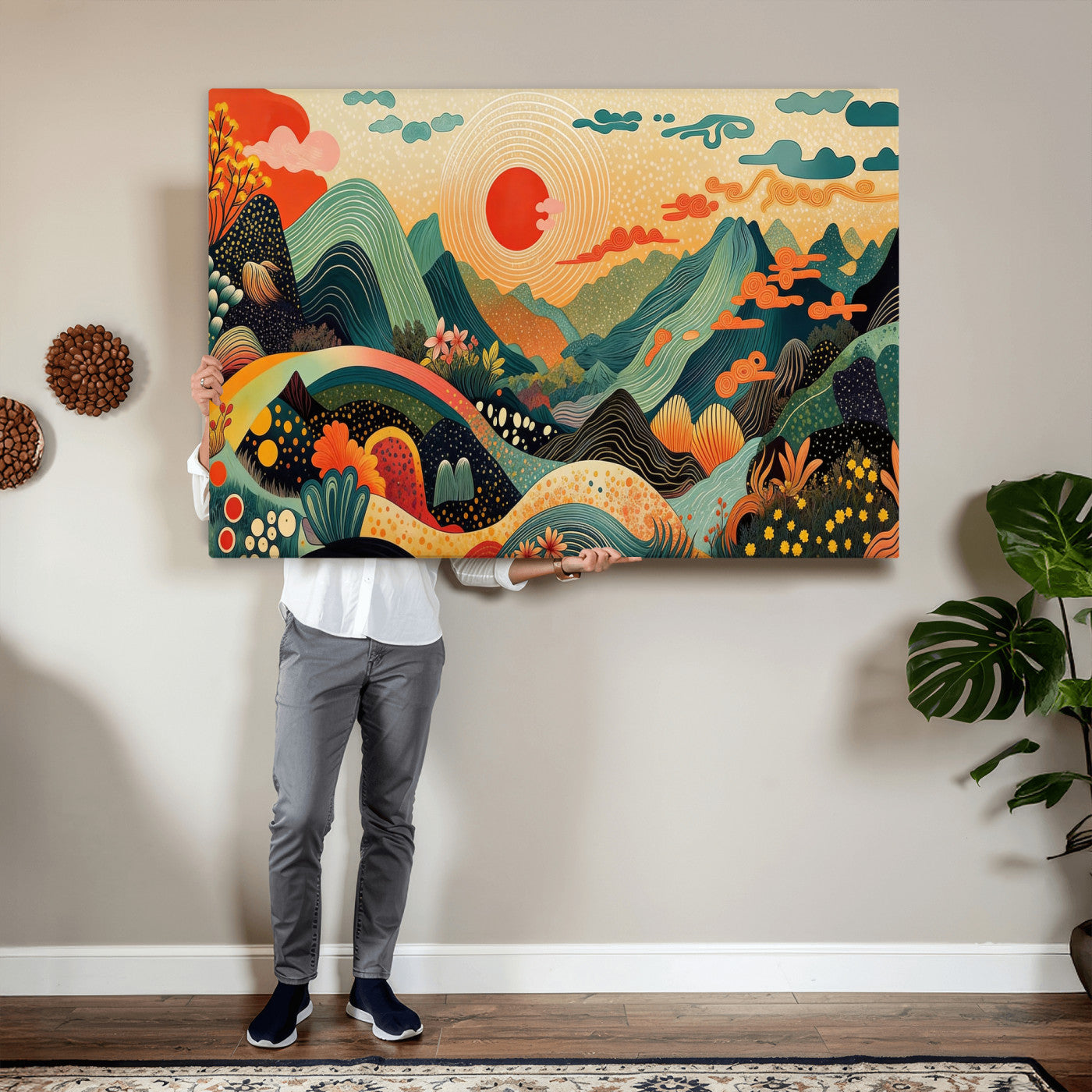 29927191-MGV-CV-36X24 - Yayoi Kusama Boho Mountain Landscape Large Wall Art, Horizontal Gold Framed Canvas Print with Sun and Flowers