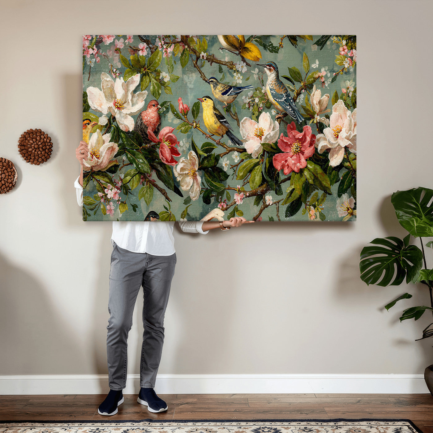 77883606-MGV-CV-36X24 - Vintage Birds and Flowers Wide Wall Art: Extra Large Panoramic Botanical Print