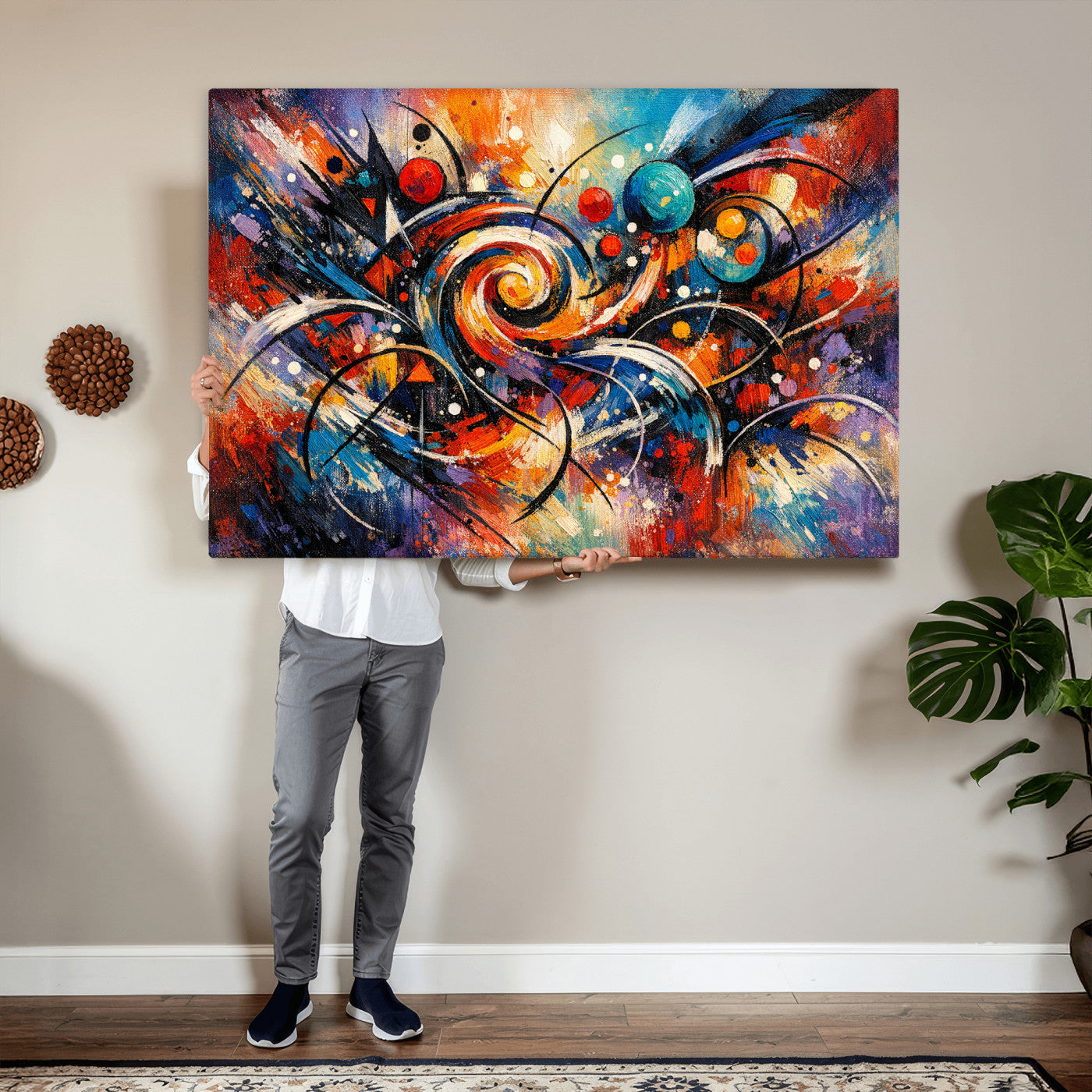 60193267-MGV-CV-36X24 - Geometric Abstract Wall Art Canvas Print, Orange Blue Abstract Expressionist Painting Print, Modern Geometric Abstract Canvas Art