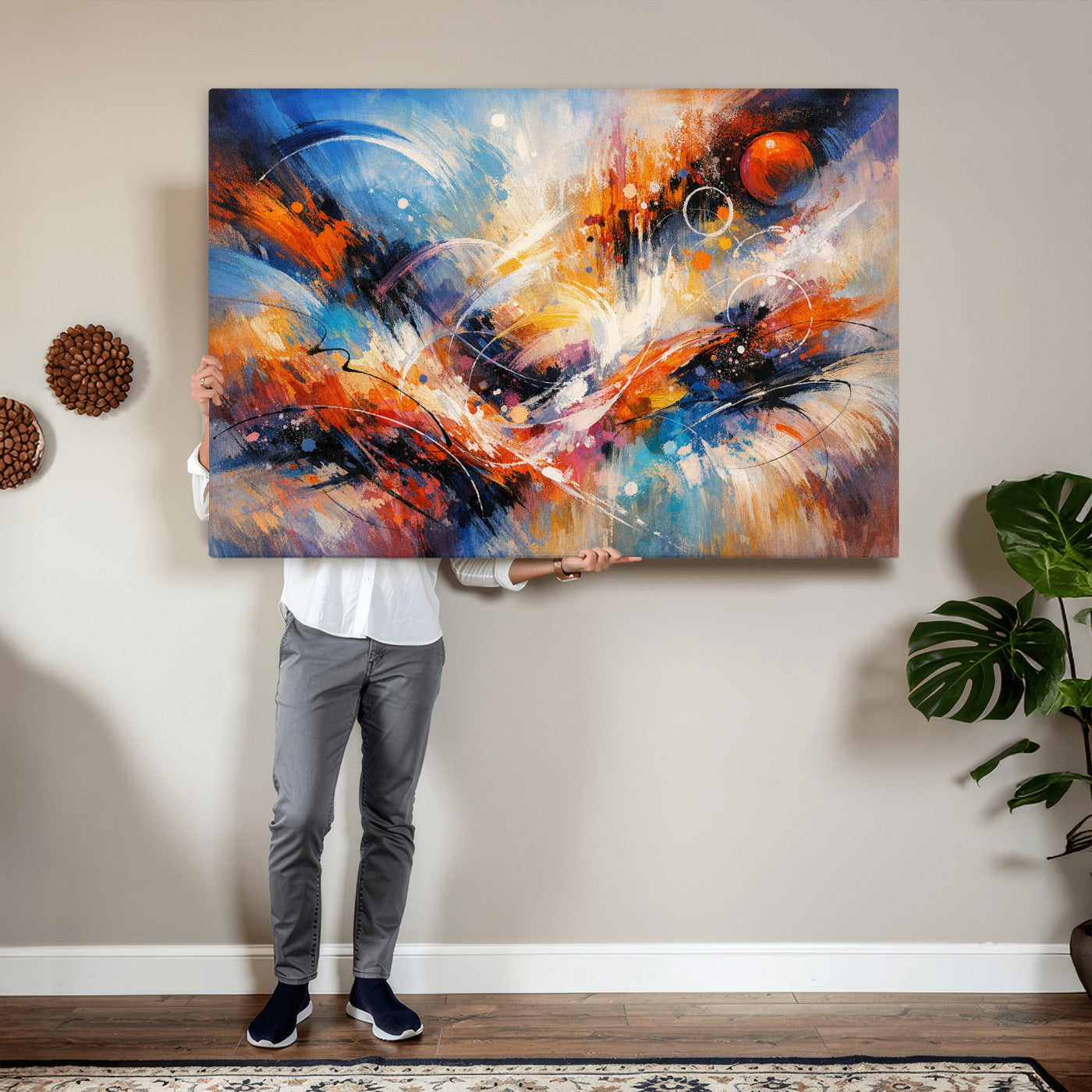 47770355-MGV-CV-36X24 - Geometric Abstract Wall Art Canvas Print, Orange Blue Abstract Expressionist Painting Print, Modern Geometric Abstract Canvas Art