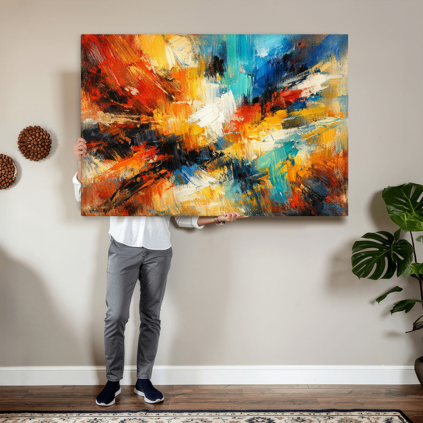 93167583-MGV-CV-36X24 - Geometric Abstract Wall Art Canvas Print, Orange Blue Abstract Expressionist Painting Print, Modern Geometric Abstract Canvas Art