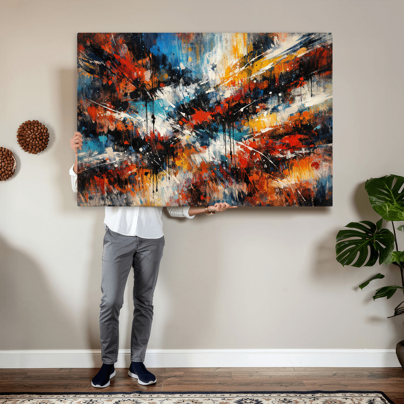80276069-MGV-CV-36X24 - Geometric Abstract Wall Art Canvas Print, Orange Blue Abstract Expressionist Painting Print, Modern Geometric Abstract Canvas Art