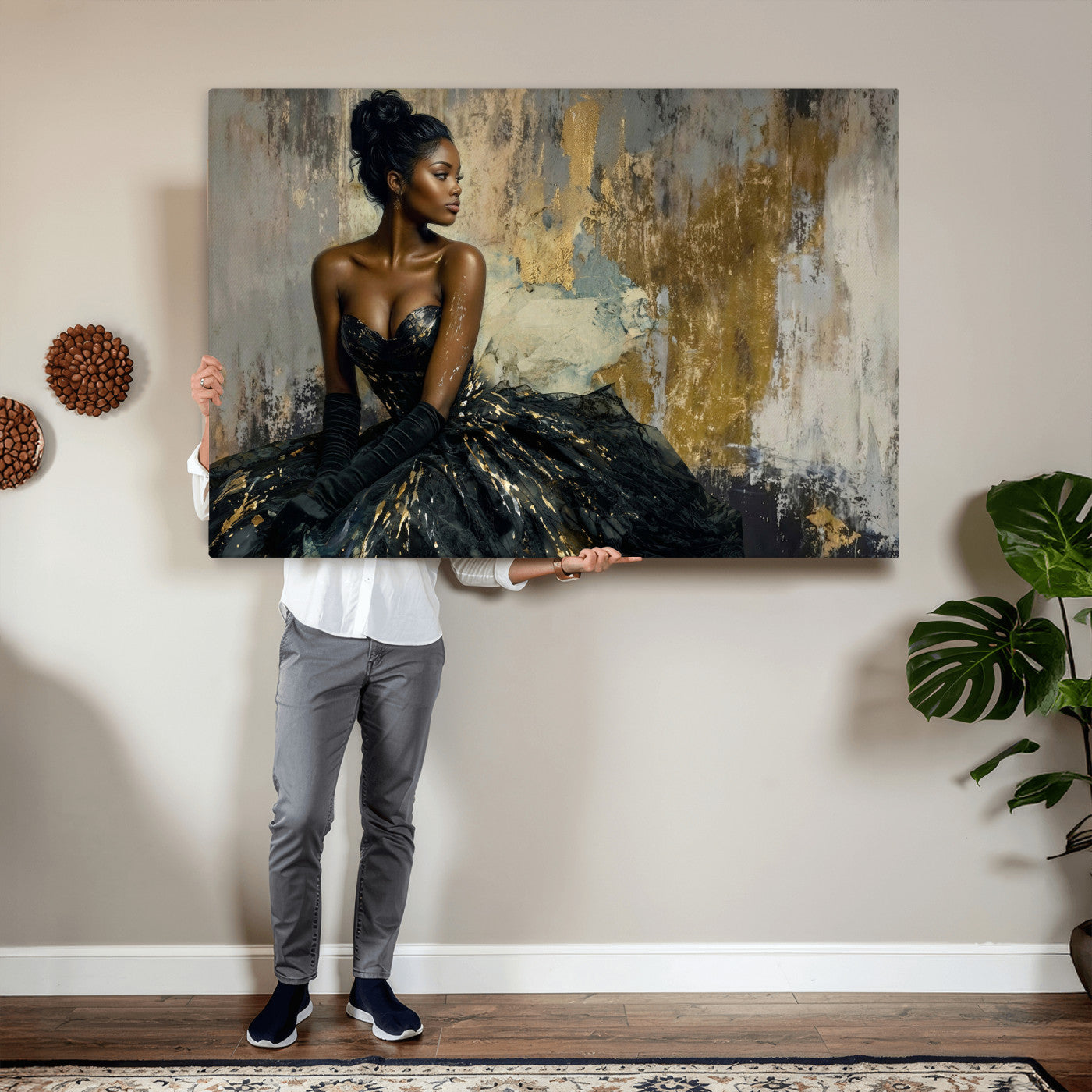 4712069Z1-MGV-CV-36X24 - Elegant Woman Canvas Wall Art — Black Gold Gown Fashion Print | Luxury Glam Wall Decor | African American Art | Bold Bedroom Wall Art Gift