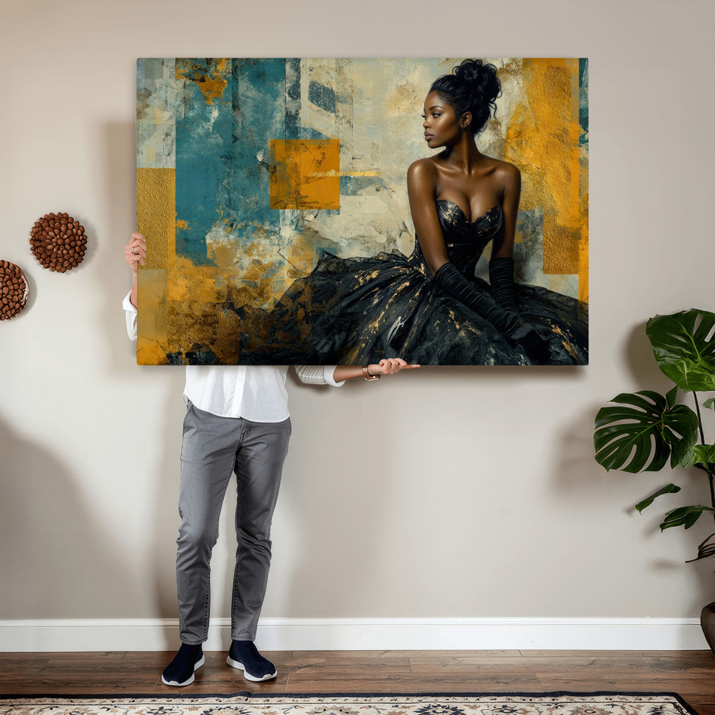 4712069Z21-MGV-CV-36X24 - Elegant Woman Canvas Wall Art — Black Gold Gown Fashion Print | Luxury Glam Wall Decor | African American Art | Bold Bedroom Wall Art Gift