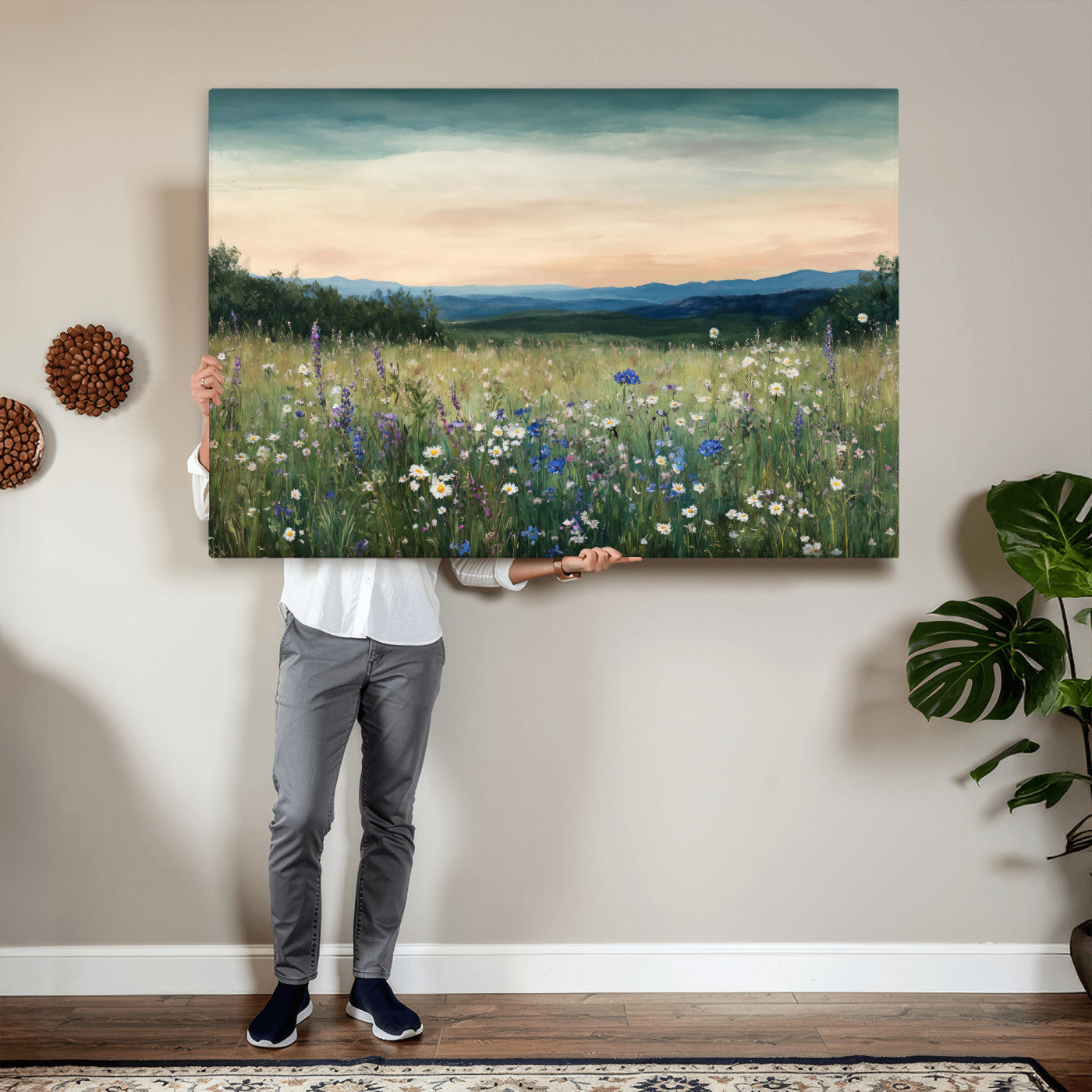 35773805-MGV-CV-36X24 - Wildflower Meadow Oil Painting Canvas Print - Daisy Lavender Mountain Sunset Print | Cottagecore Floral Wall Art - Bedroom Decor Gift for Her