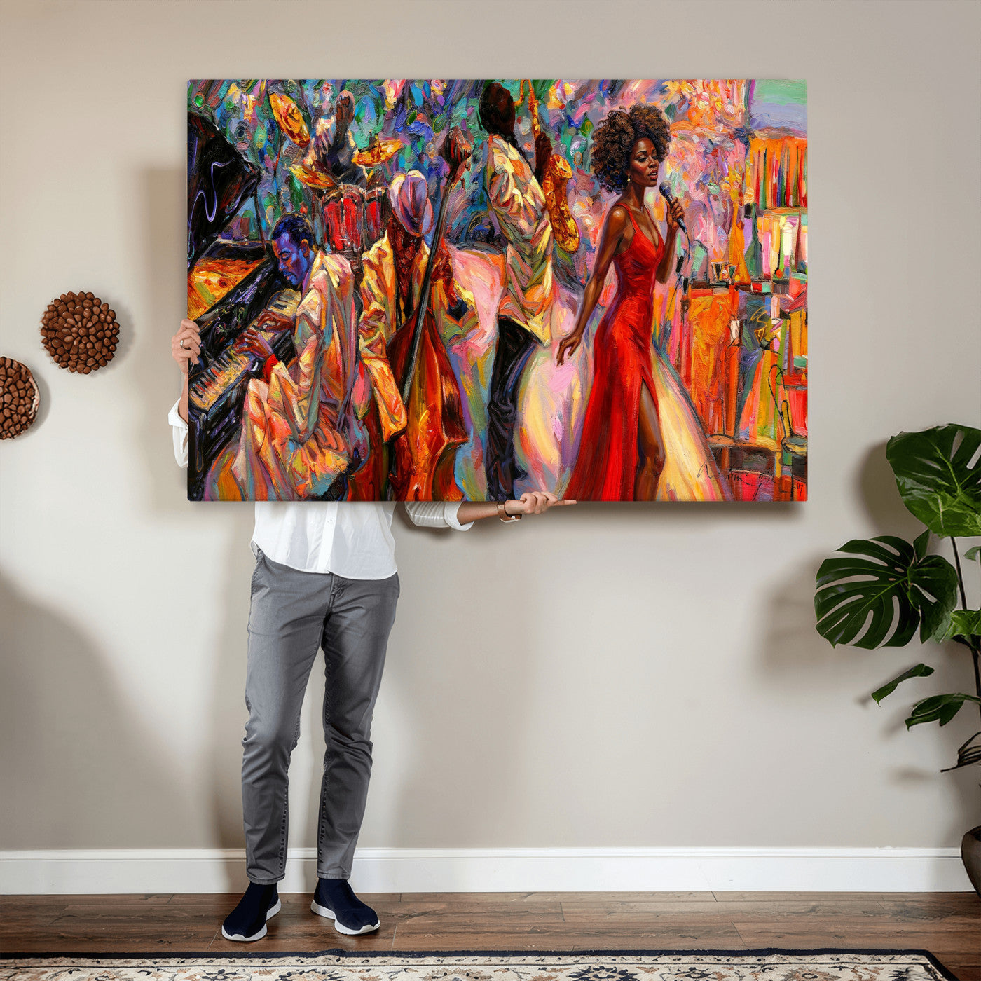 72615137-MGV-CV-36X24 - African American Jazz Singer Canvas Art - Red Dress Black Woman Music Print | Colorful Jazz Band Wall Decor | Living Room Gift for Her