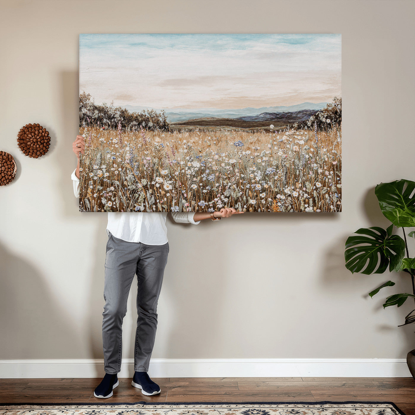 F35773805-MGV-CV-36X24 - Neutral Wildflower Field Canvas Wall Art — Beige Earth Tone Botanical Meadow Print | Farmhouse Boho Decor | Bedroom Living Room Gift Her