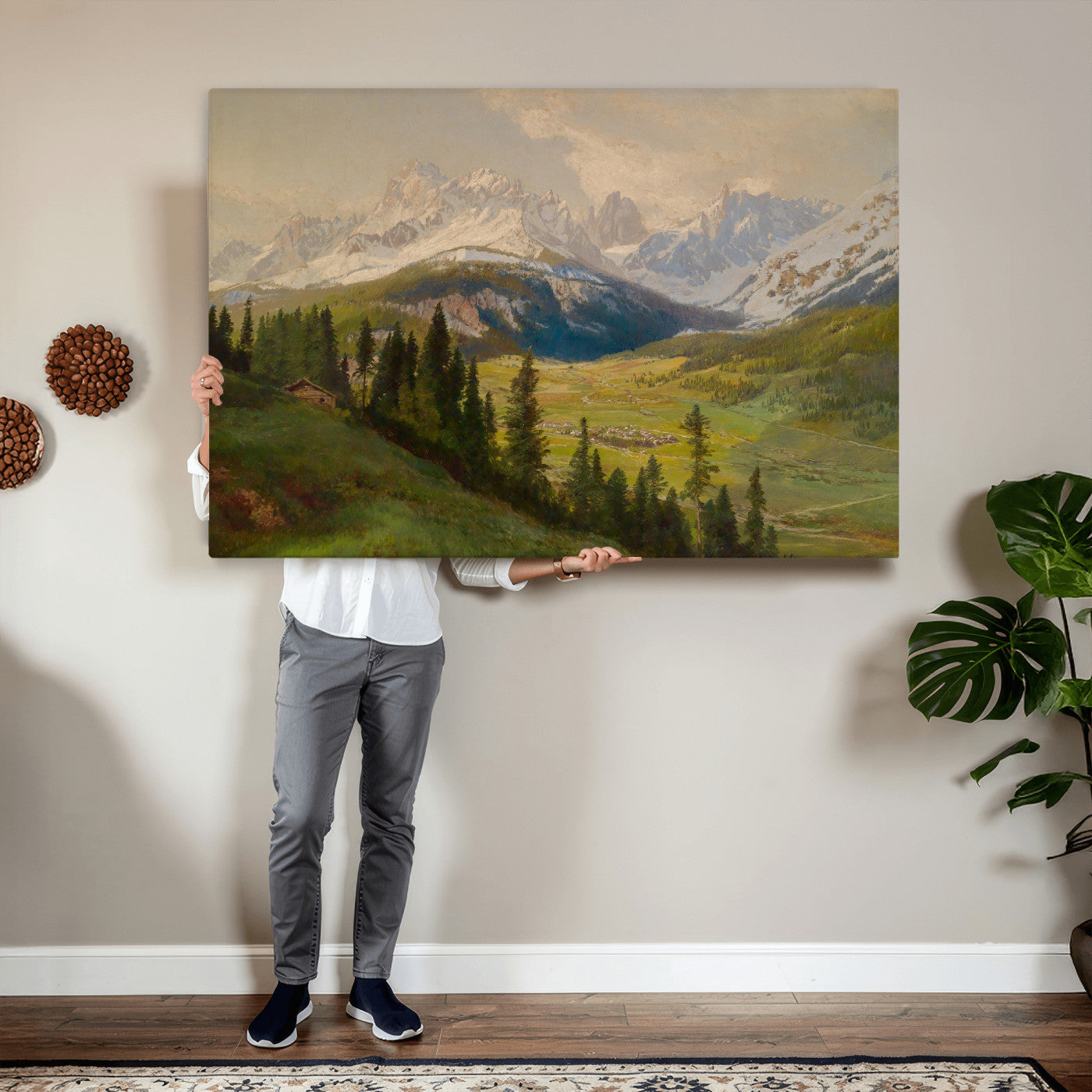23120262-MGV-CV-36X24 - Konrad Petrides Sexten Village Canvas Print, Alpine Mountain Valley Painting, Dolomites Landscape Art