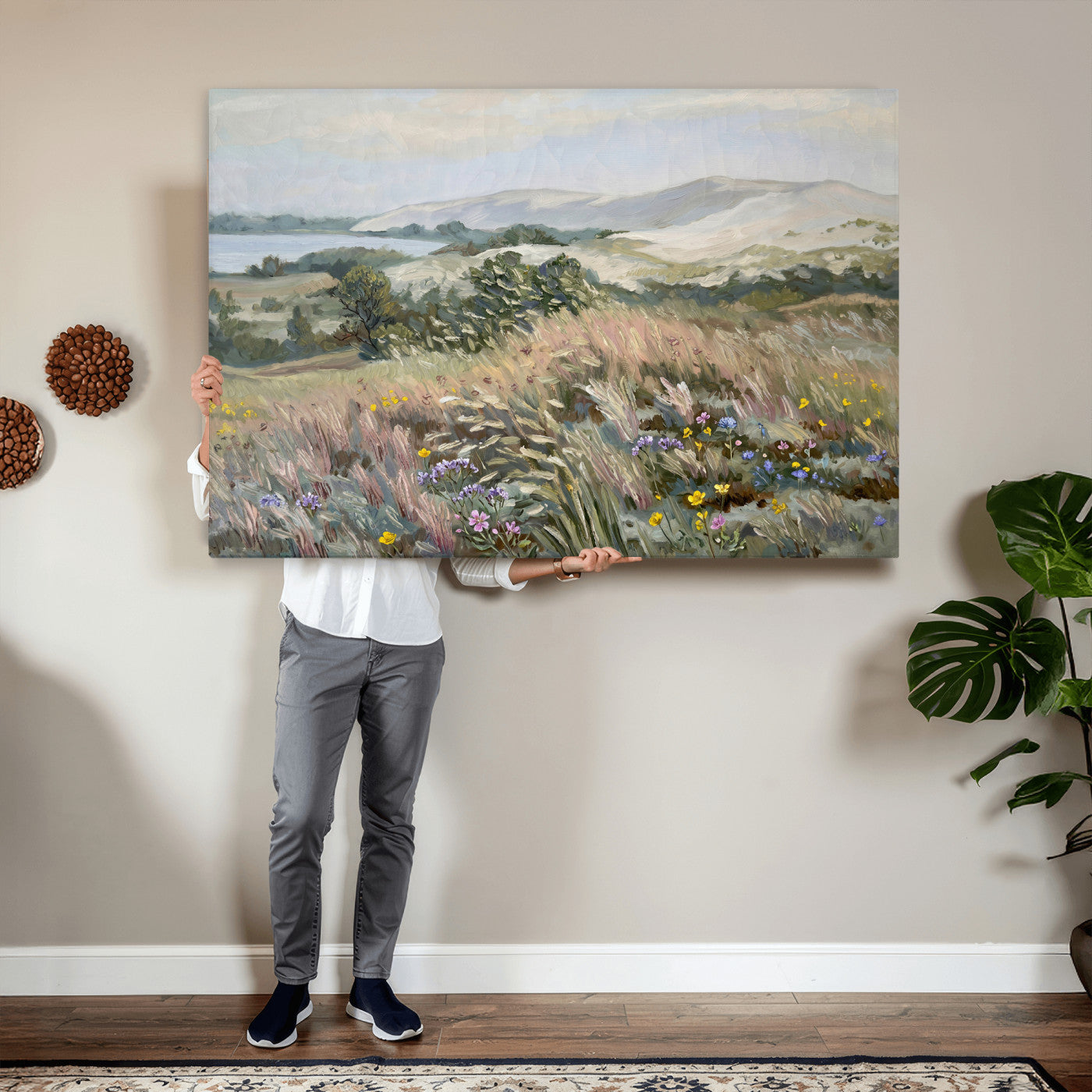 18013232-MGV-CV-36X24 - Katie Staples Hillside Canvas Wall Art — Coastal Wildflower Dune Oil Painting Print | Muted Green Nature Decor | Plein Air Landscape Gift