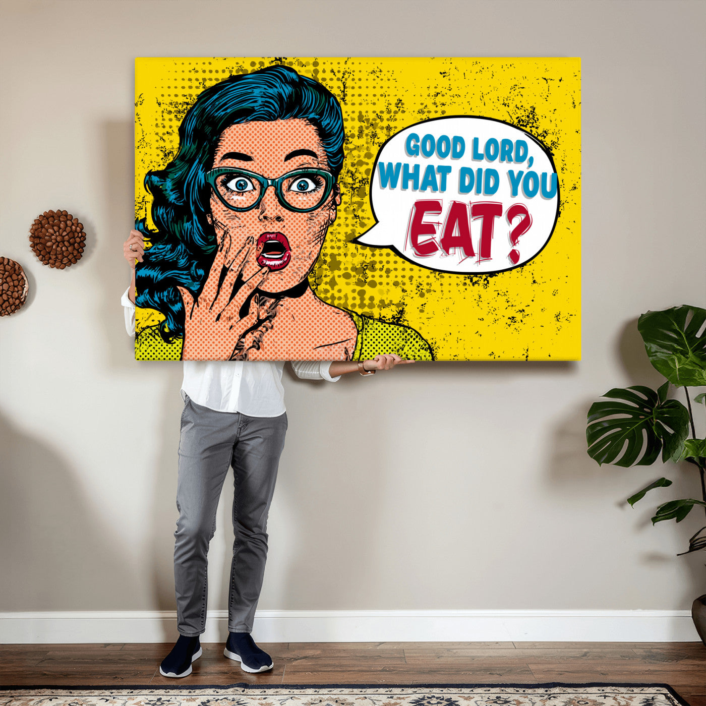88217969-MGV-CV-36X24 - Pop Art Print Bathroom Sign Wall Art Canvas Print — Funny Bathroom Canvas | Comic Style Toilet Wall Decor | Humor Gift | Yellow Bold Bathroom Art