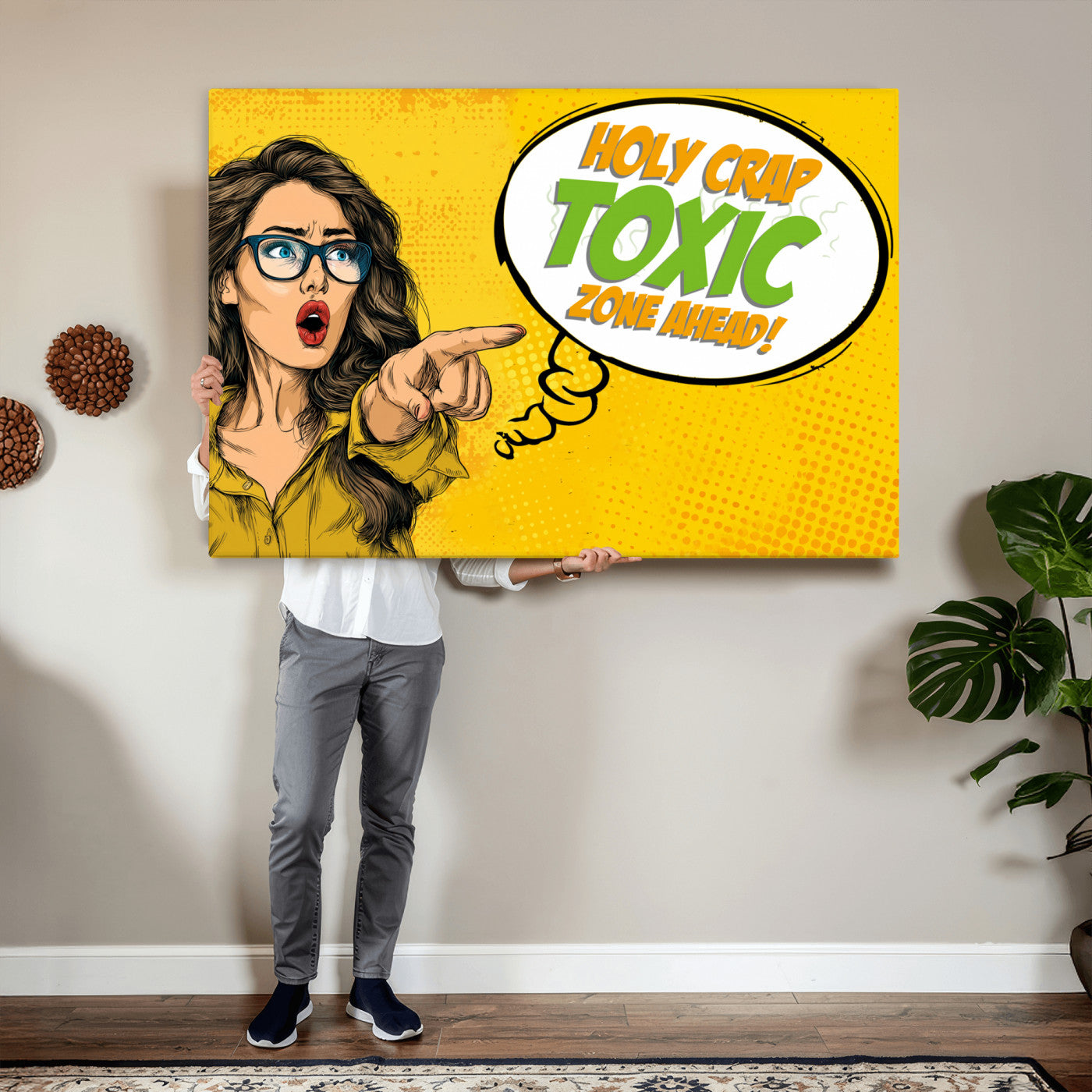 79156505-MGV-CV-36X24 - Pop Art Print Bathroom Sign Wall Art Canvas Print — Funny Bathroom Canvas | Comic Style Toilet Wall Decor | Humor Gift | Yellow Bold Bathroom Art