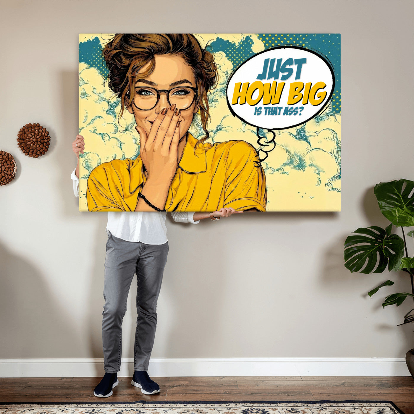 T79156505-MGV-CV-36X24 - Pop Art Print Bathroom Sign Wall Art Canvas Print — Funny Bathroom Canvas | Comic Style Toilet Wall Decor | Humor Gift | How Big Ass