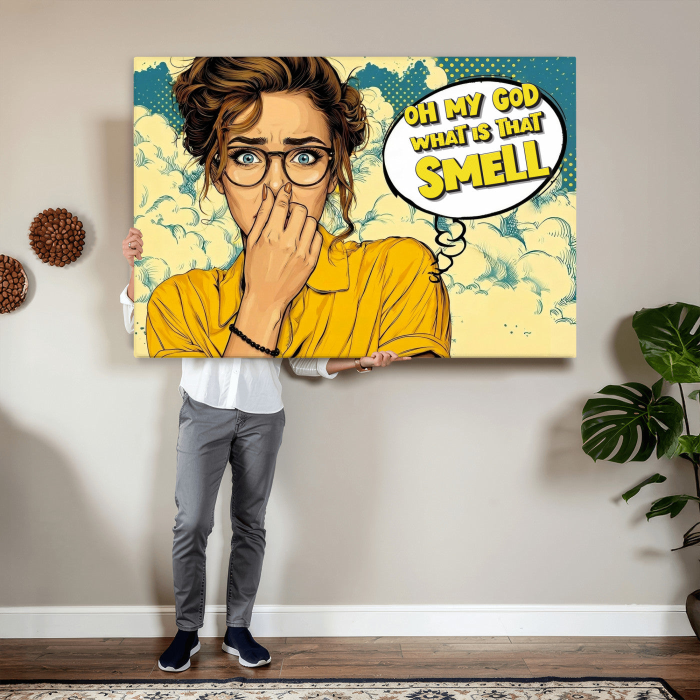 B79156505-MGV-CV-36X24 - Pop Art Print Bathroom Sign Wall Art Canvas Print — Funny Bathroom Canvas | Comic Style Toilet Wall Decor | Humor Gift | What is that Smell