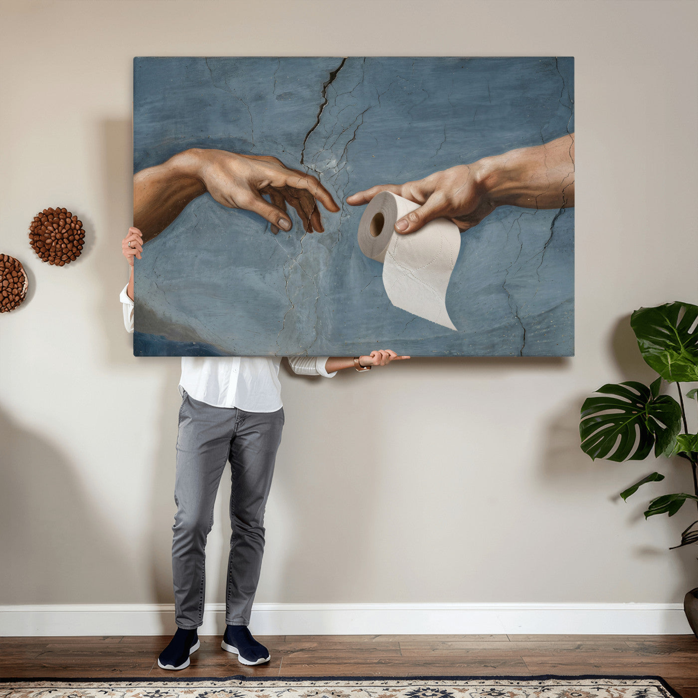 42648143-MGV-CV-36X24 - Funny Bathroom Canvas Wall Art, Michelangelo Creation of Adam Toilet Paper Parody, Renaissance Humor Print, Quirky Housewarming Gift, Toilet Room Decor