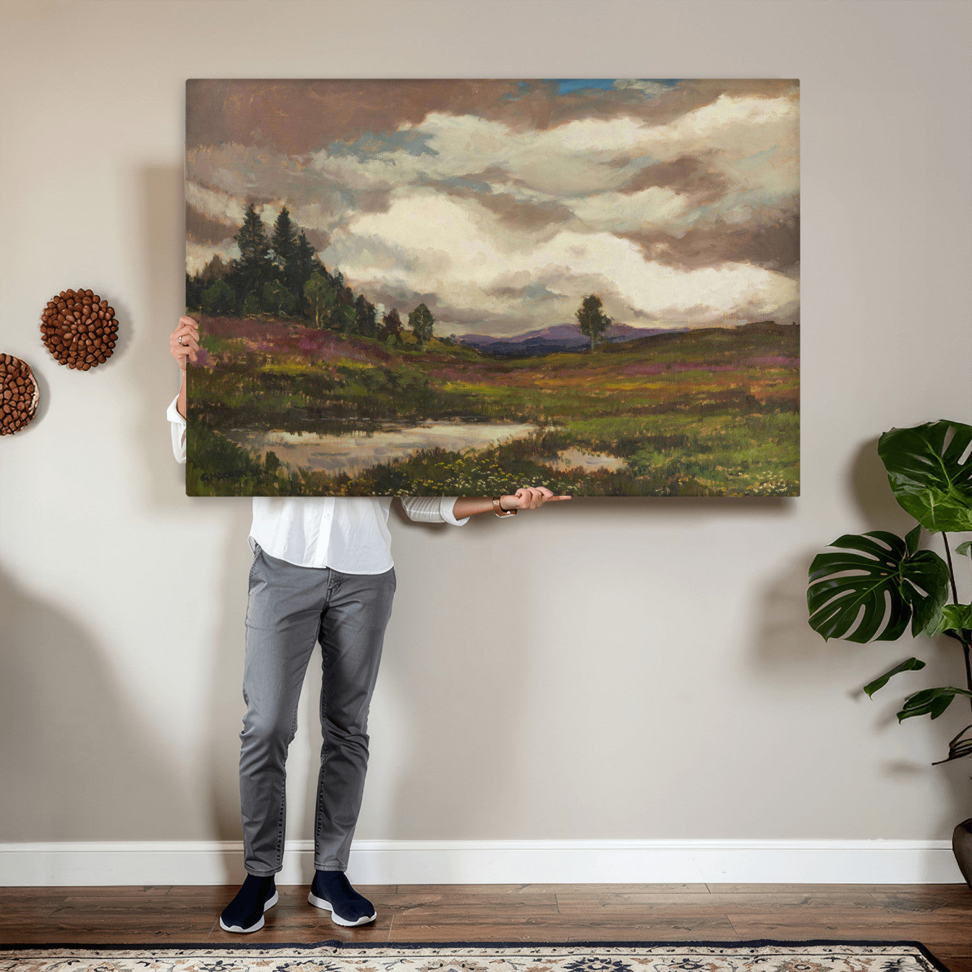 96795851-MGV-CV-36X24 - Gustav Macoun Heathland Canvas Print, Czech Landscape Oil Painting Reproduction, Purple Heather Moorland Art, Vintage European Nature Decor