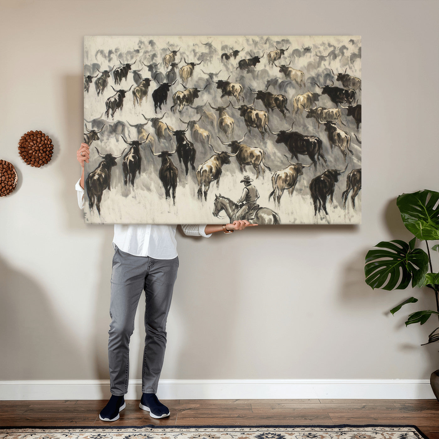 48049876-MGV-CV-36X24 - Cowboy Cattle Drive Canvas Wall Art, Western Longhorn Herd Ink Painting Print, Ranch Rodeo Decor, Black White Western Art, Large Living Room Art