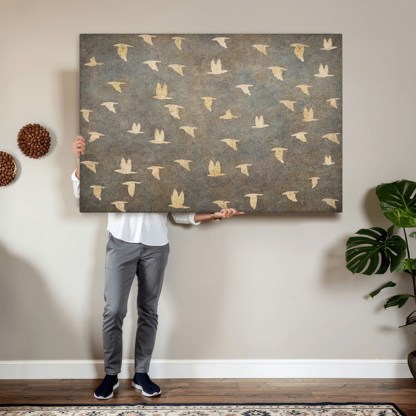 74076164-MGV-CV-36X24 - Flying Birds Canvas Wall Art, Vintage Bird Flock Pattern Print, Grey Gold Abstract Nature Decor, Rustic Bird Silhouette Art, Boho Living Room Decor