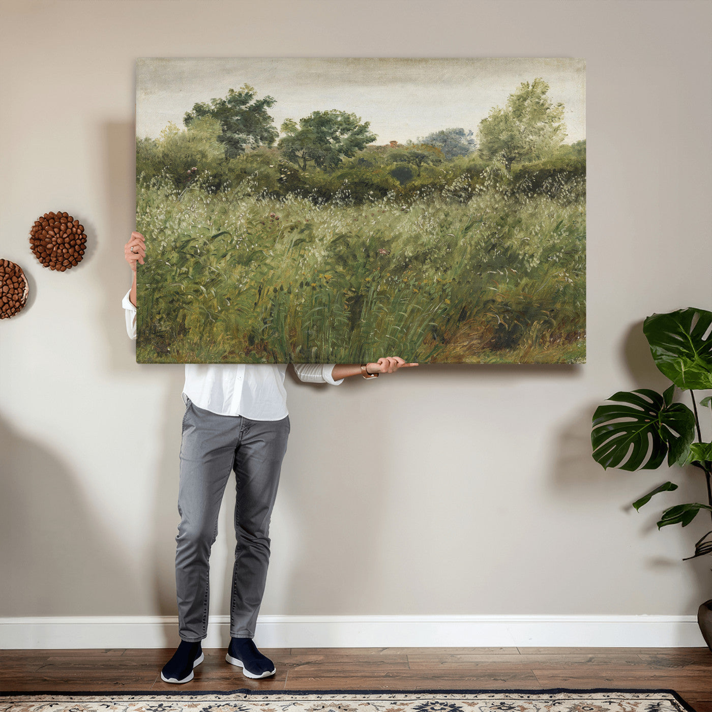 92328261-MGV-CV-36X24 - Wildflower Meadow Canvas Wall Art, Impressionist Overgrown Field Painting Print, Vintage Green Nature Decor, Cottagecore Botanical Art, Living Room Print